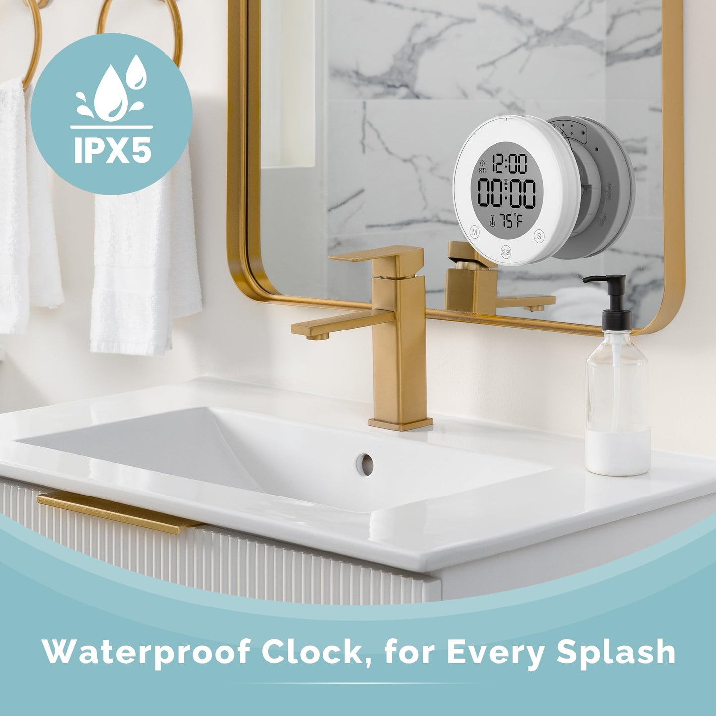 KADAMS Shower Timer Clock Waterproof Bathroom Timer – Digital Wall Clock with Countup Countdown, Magnetic Kitchen ClockTimer with Temperature, Suction Cup Kids Shower Spa Cook Bath (3.54, Pearl White)
