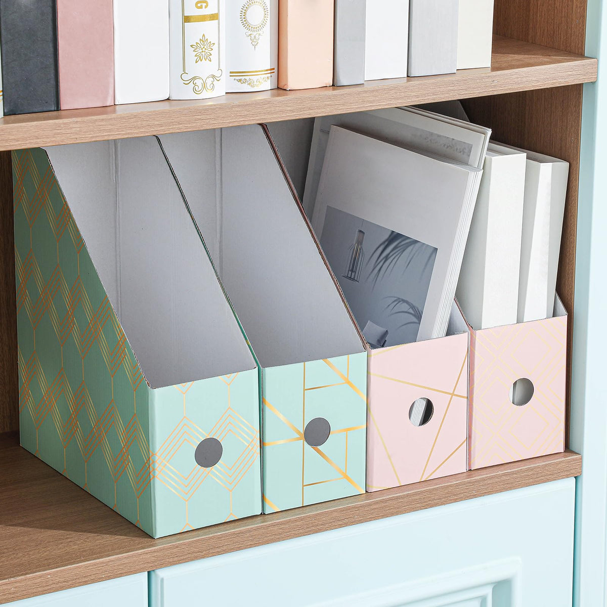 PerKoop 6 Pcs Decorative Magazine File Holders Floral Foldable File Folders Magazine Storage Boxes Rack Desk Organizer Documents with Printable Labels for School Office Home (Geometric Lines)
