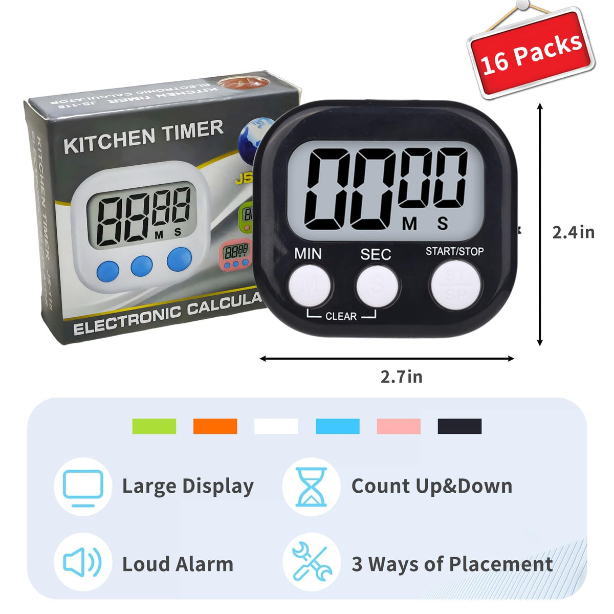 16 Packs Digital Timer Multi-Function Electronic Timers for Classroom Small Magnetic Countdown Stopwatch Mini Loud Alarm Stop Clock for Kitchen Cooking Games Meeting Study Work Baking Sports Office