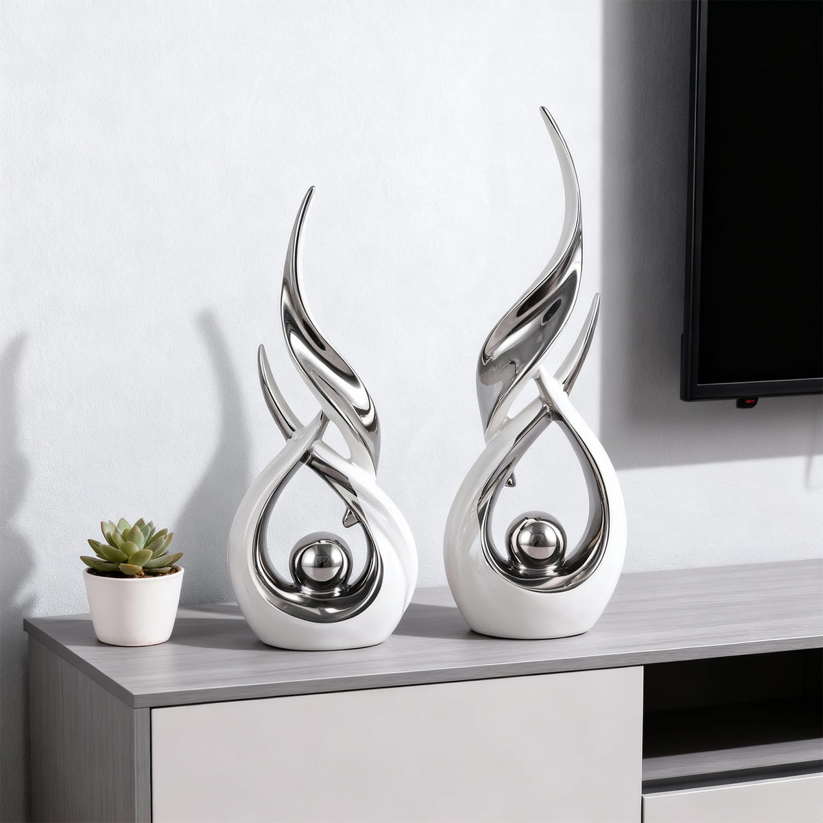 DOVDOV 2-Piece Abstract White and Silver Home Decor, Ceramic Abstract Sculptures, Modern Art Pieces, Suitable for Room Coffee Tables, Office Bookshelves, Dining Table Centers, entryway Decor.