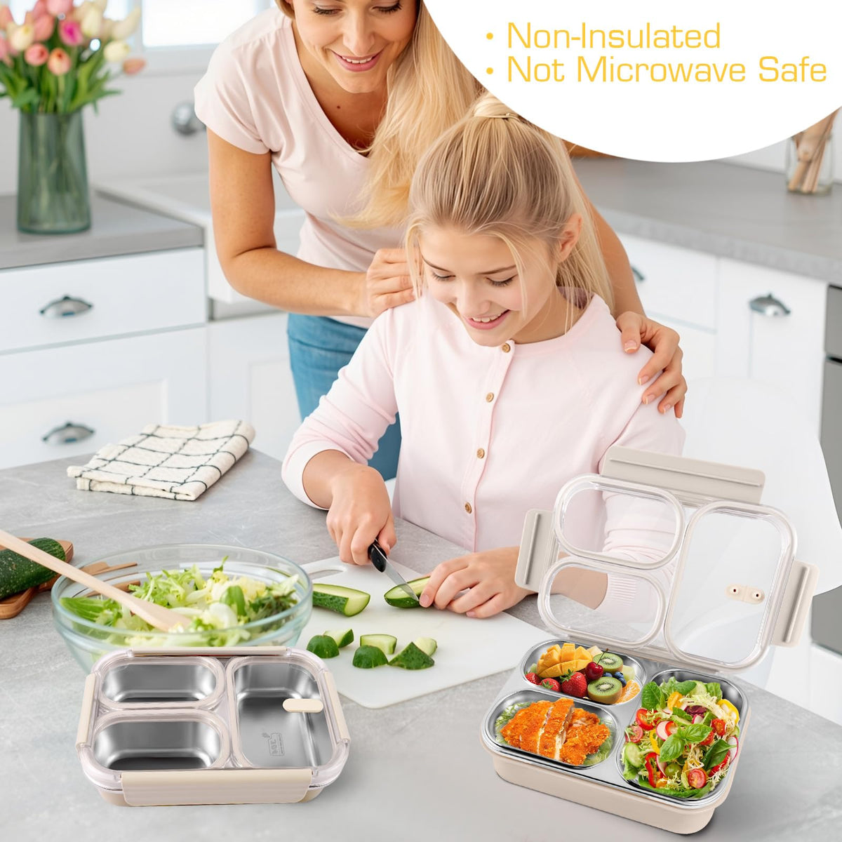 AOEDEO Stainless Steel Lunch Box, 3 Compartments Metal Bento Box for Kids, 25oz Lunch Container with Leakproof Lid, Divided Meal Prep Box for Adults, Kids - Ideal for Office, School, Healthy Eating