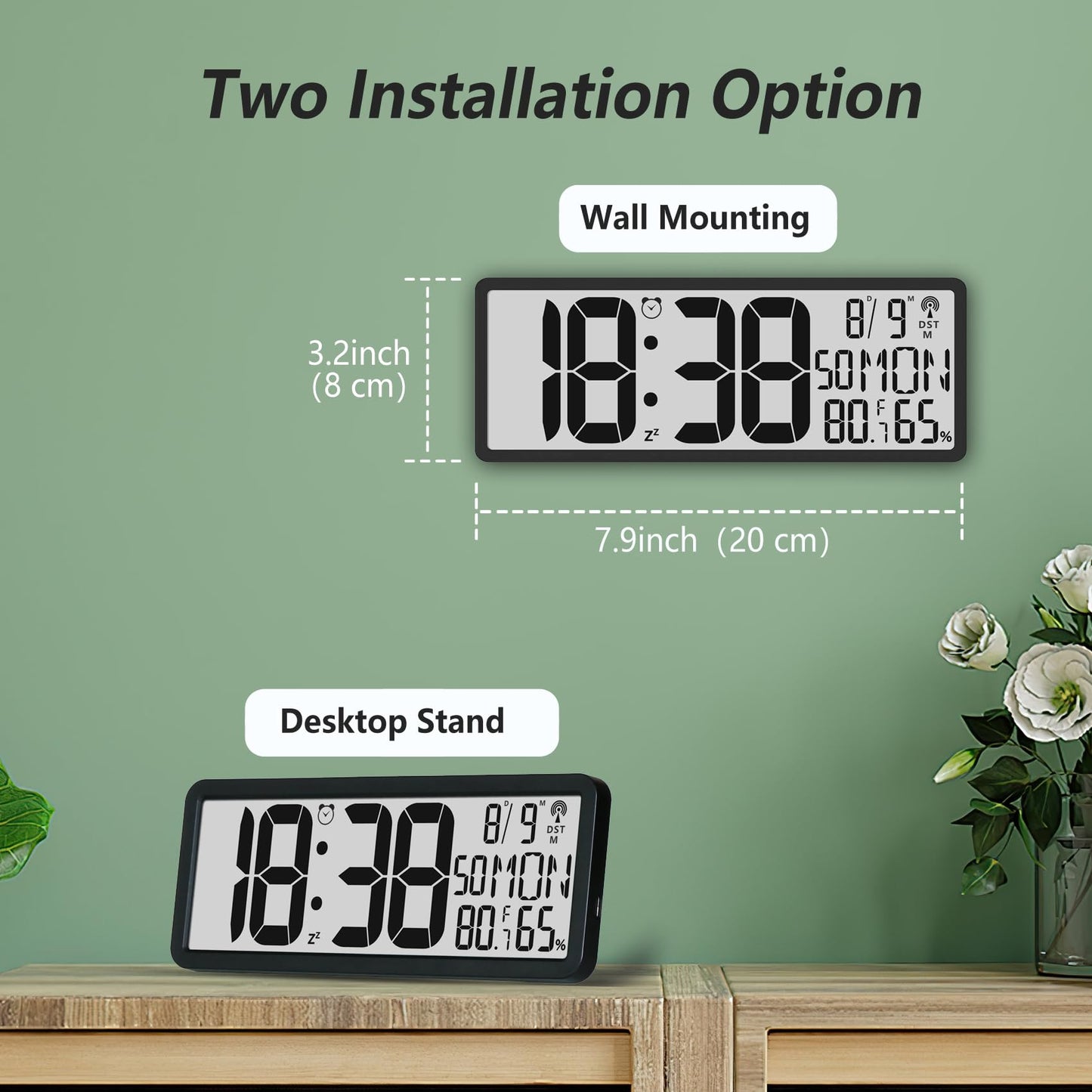 Digital LCD Atomic Desktop Clock, 7.8" Screen with Time, Date, Temperature, Humidity, Alarm, Snooze, DST, Time Zone for Home, Office (No Backlight)