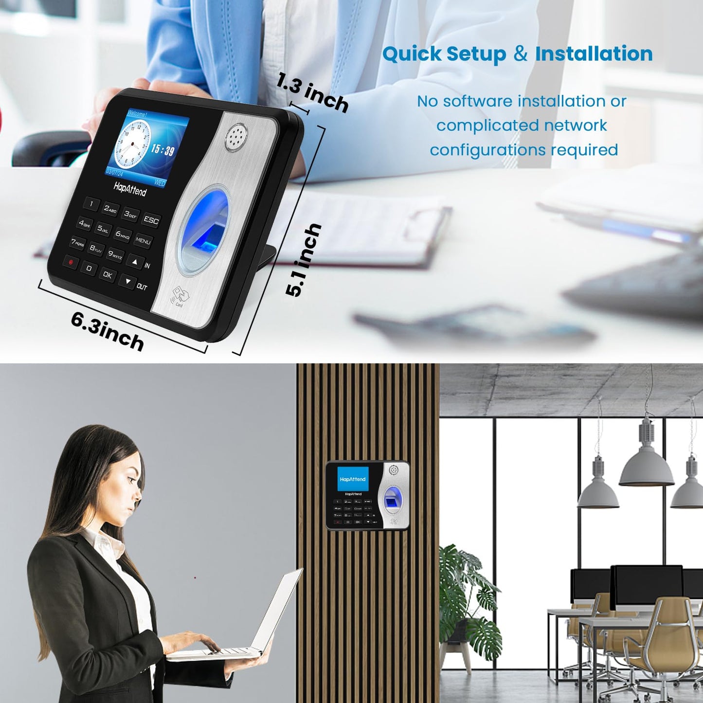 HapAttend Time Clocks for Employees Small Business Automatic Calculate Hours, 0 Monthly Fees Fingerprint Time Clock, H3 Standalone Biometric Clock in Machine for Employees with 5 RFID Cards (No WiFi)