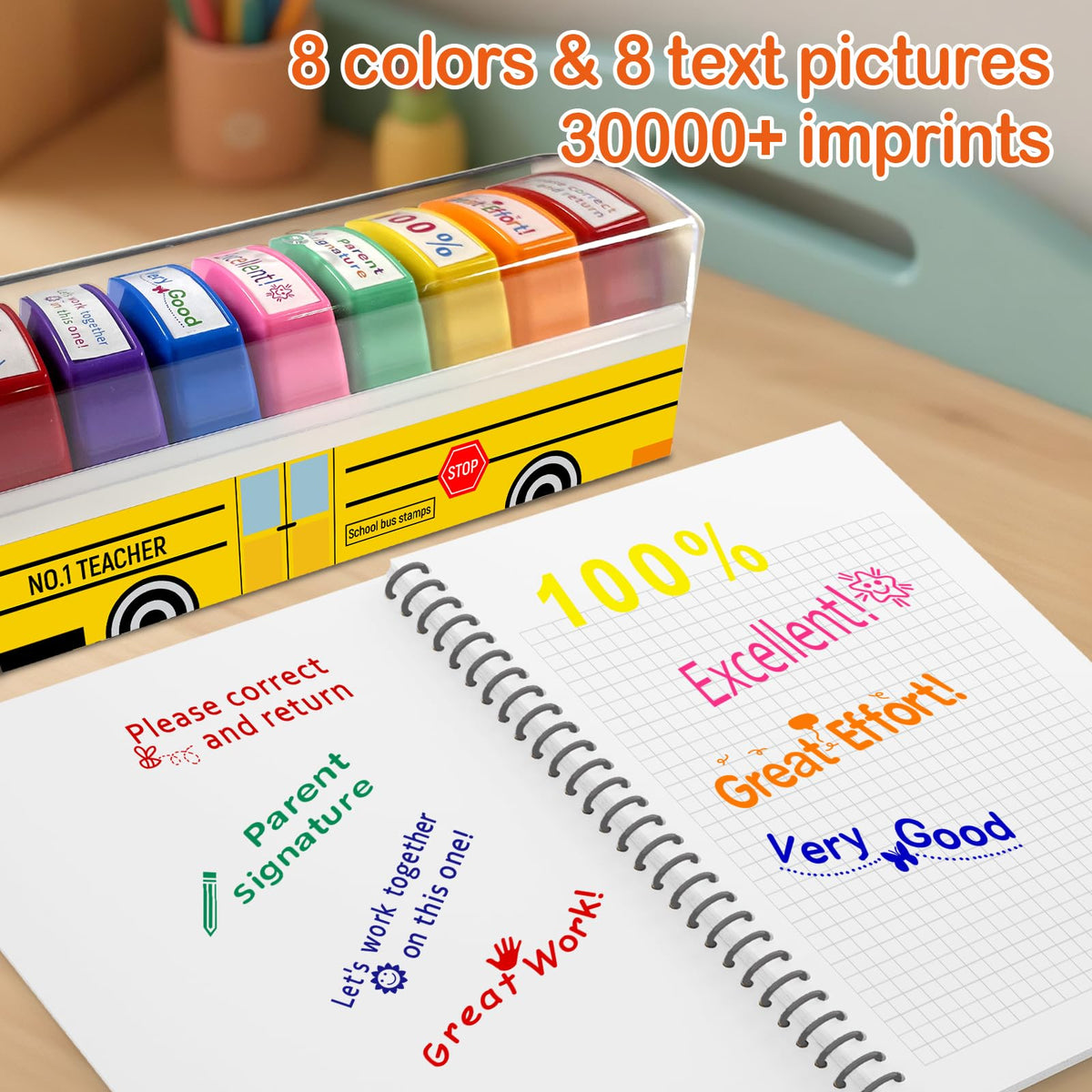 Teacher Stamps for Grading Classroom, New Teacher Appreciation Gifts, Self-Inking Motivation Great Job Parent Signature Stamp for Homework Must Haves, Teacher Supplies (8 pcs)