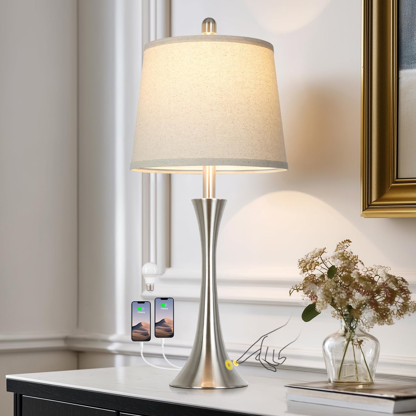 Rinweey 27.5" Silver Table Lamps, Touch Bedside Lamps with USB C+A Ports, 3 Way Dimmable Nightstand Lamps for Bedroom, Living Room, Office, Silver Lamp with Beige Lampshade, Bulbs Included (1 Pack)