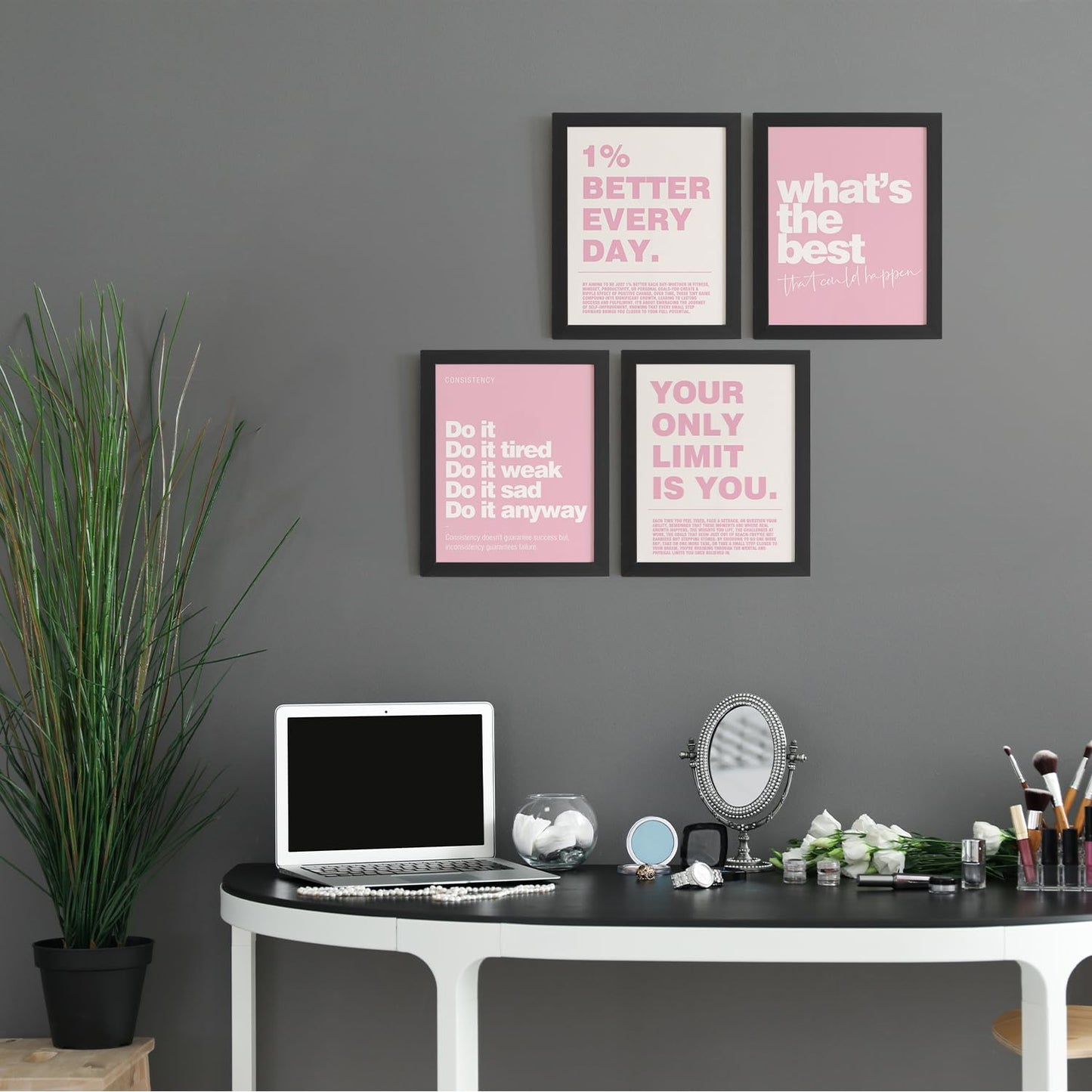 DSHFG Motivational Inspirational Office Wall Art Decor Prints Set of 4, Pink Motivational Wall Decor Trendy Retro Posters for Office Home Decor, 8x10 Unframed