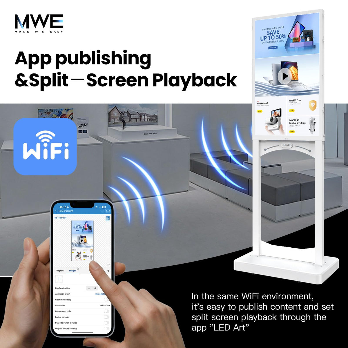 MWE 43 Inch Indoor Digital Signage Display, 1000 Nits Window Advertising Display Kiosk, Free Custom Logo Nameplate, Support Floor Standing or Ceiling Mounted, for Retail Store Window Promotion