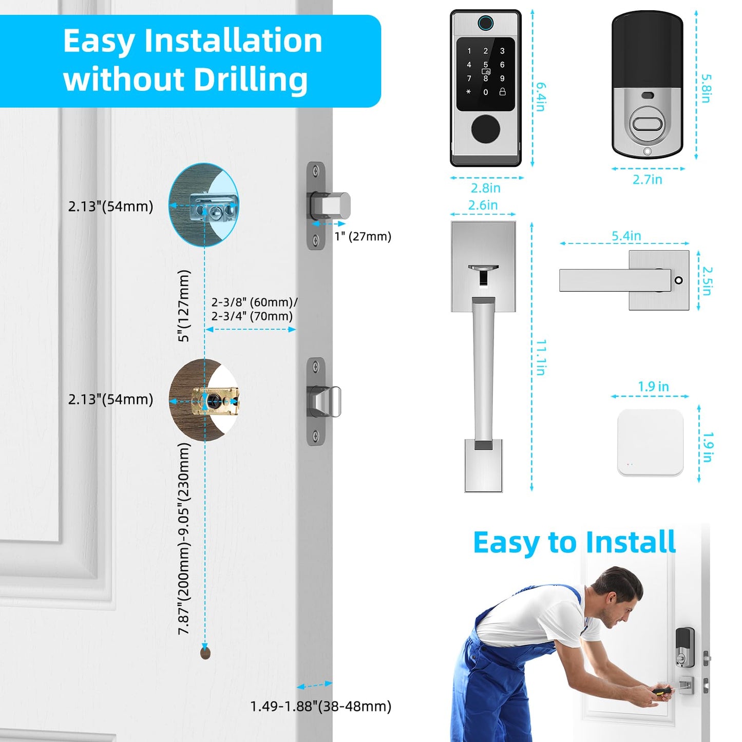 WiFi Front Door Lock Set with Handle, Featuring Fingerprint Keyless Entry, Smart Keypad with Lever Handles, Electronic Screen + WiFi Gateway, App Control, Auto-Lock, and Voice Control-Silver