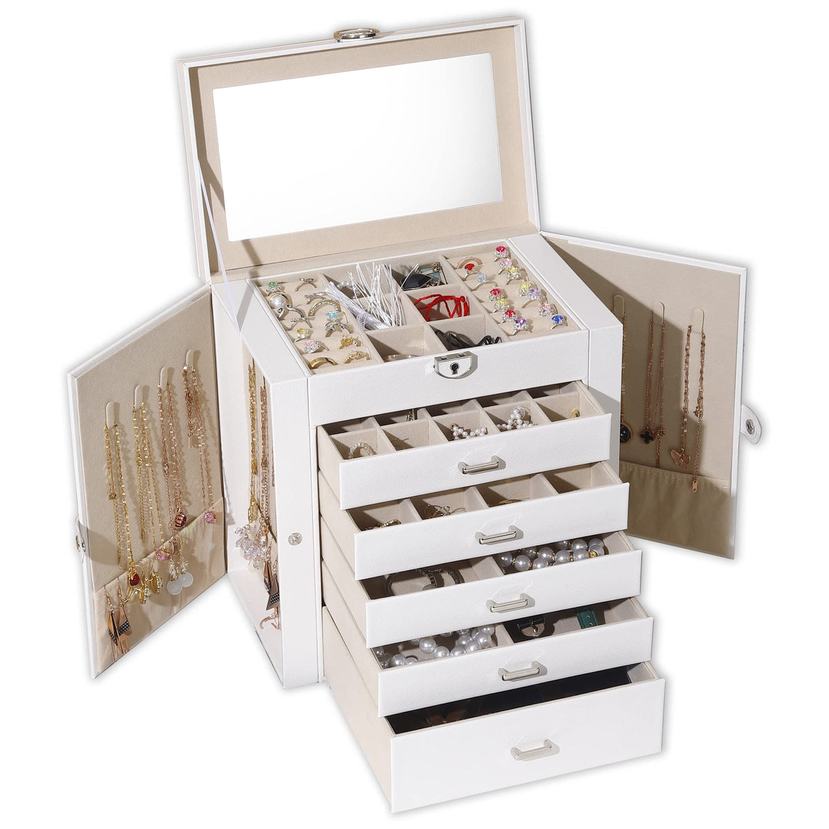 BOOVO Jewelry Box For women, 6 Layer Large Jewelry Organizer With Mirror, Multi-Function Storage Box With Lock, Accessory Holder With 5 Drawers, For Earrings Necklace Ring Bracelet (White)