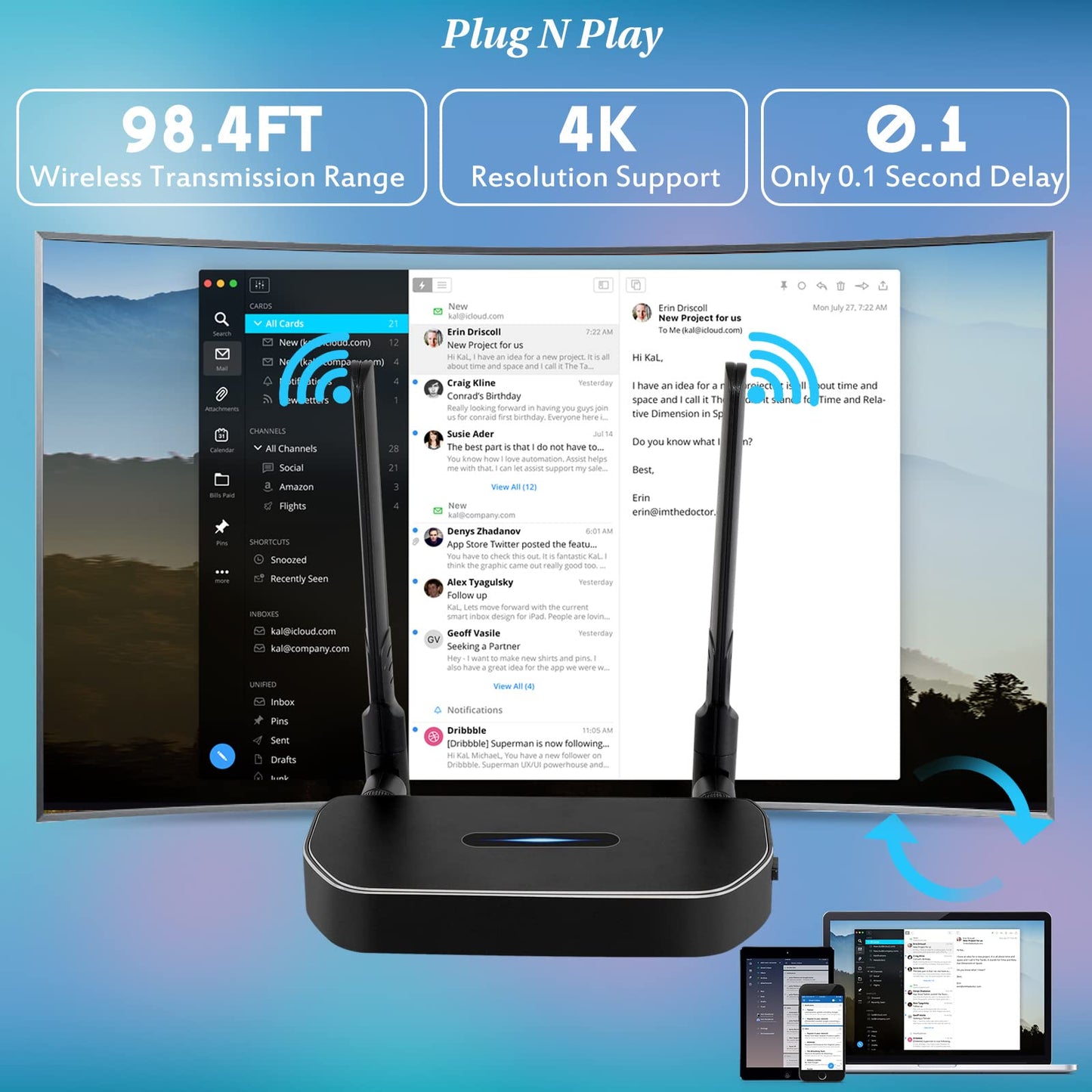 Wireless Hdmi Transmitter and Receiver 4k. One Receiver and Four Transmitter,Switch at Will,165FT/50M VGA Dual Screen Casting Video Audio from PC/Laptop/Netfix/TikTok to Monitor,Projector Equipment
