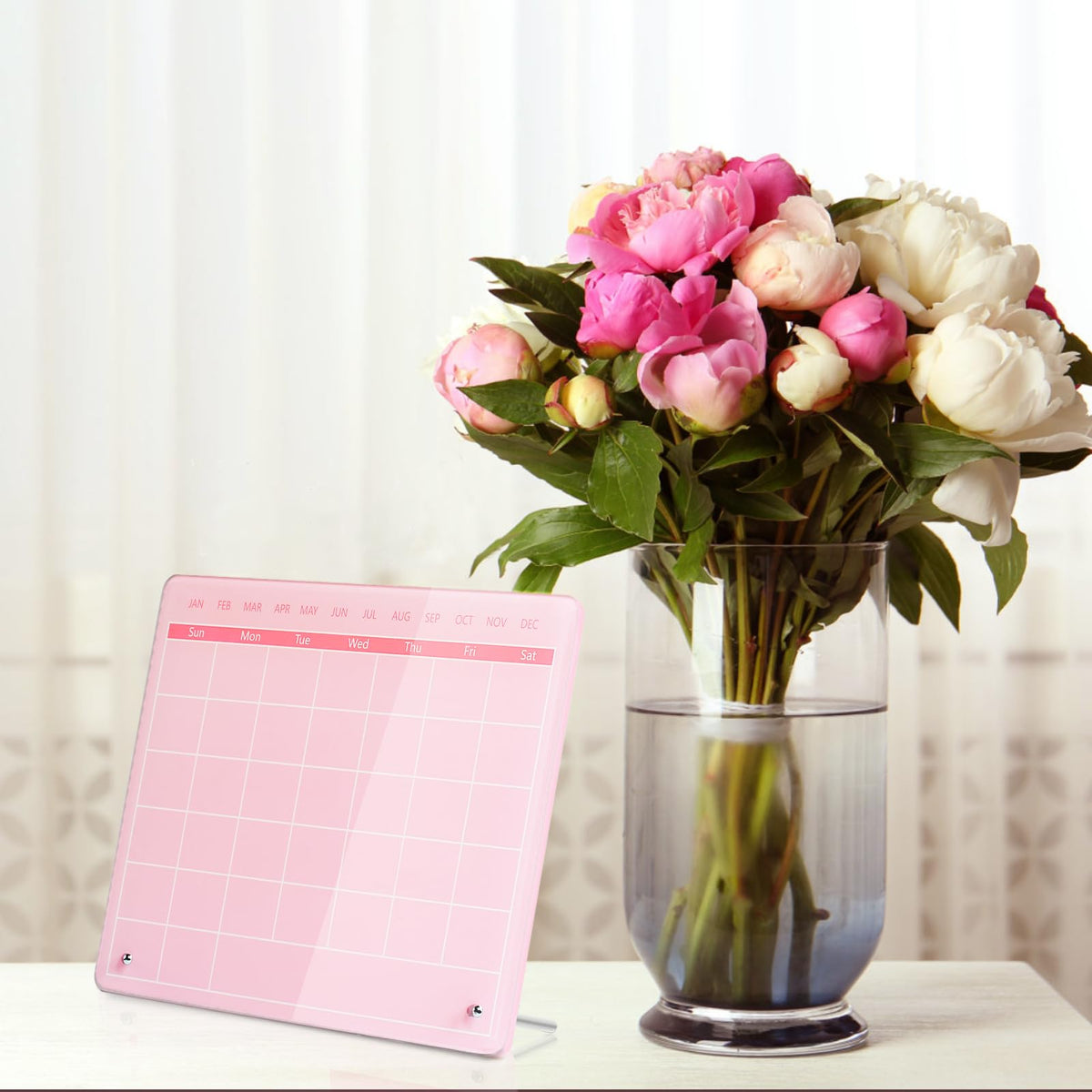 Marribol Calendar Dry Erase Board,12"X10",Acrylic Desk Calendar with Stand,Pink Dry Erase Board for Home Office School