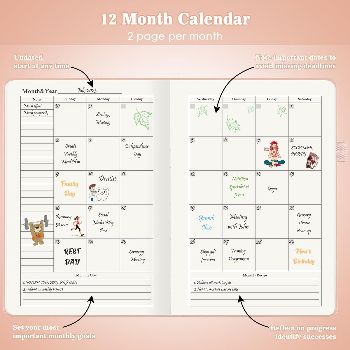 Undated Daily Planner 2024-2025, ADHD & Work Planner for Women & Men, Hourly Goal Setting, Hardcover, Start Anytime, A5, Pink