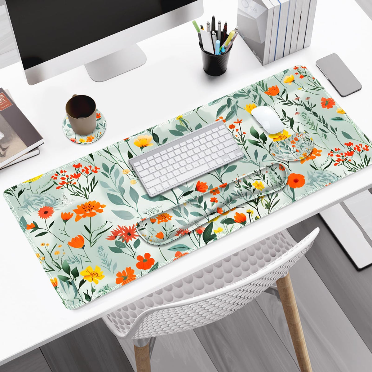 NXZGO Large Gaming Mouse Pad Set, 4 in 1 Ergonomics Keyboard Desk Mat Memory Foam Wrist Rest, Computer PC Extended Game Mousepad, Non-Slip Desk Matt Easy Typing Pain Relief I Blooming Orange Florals