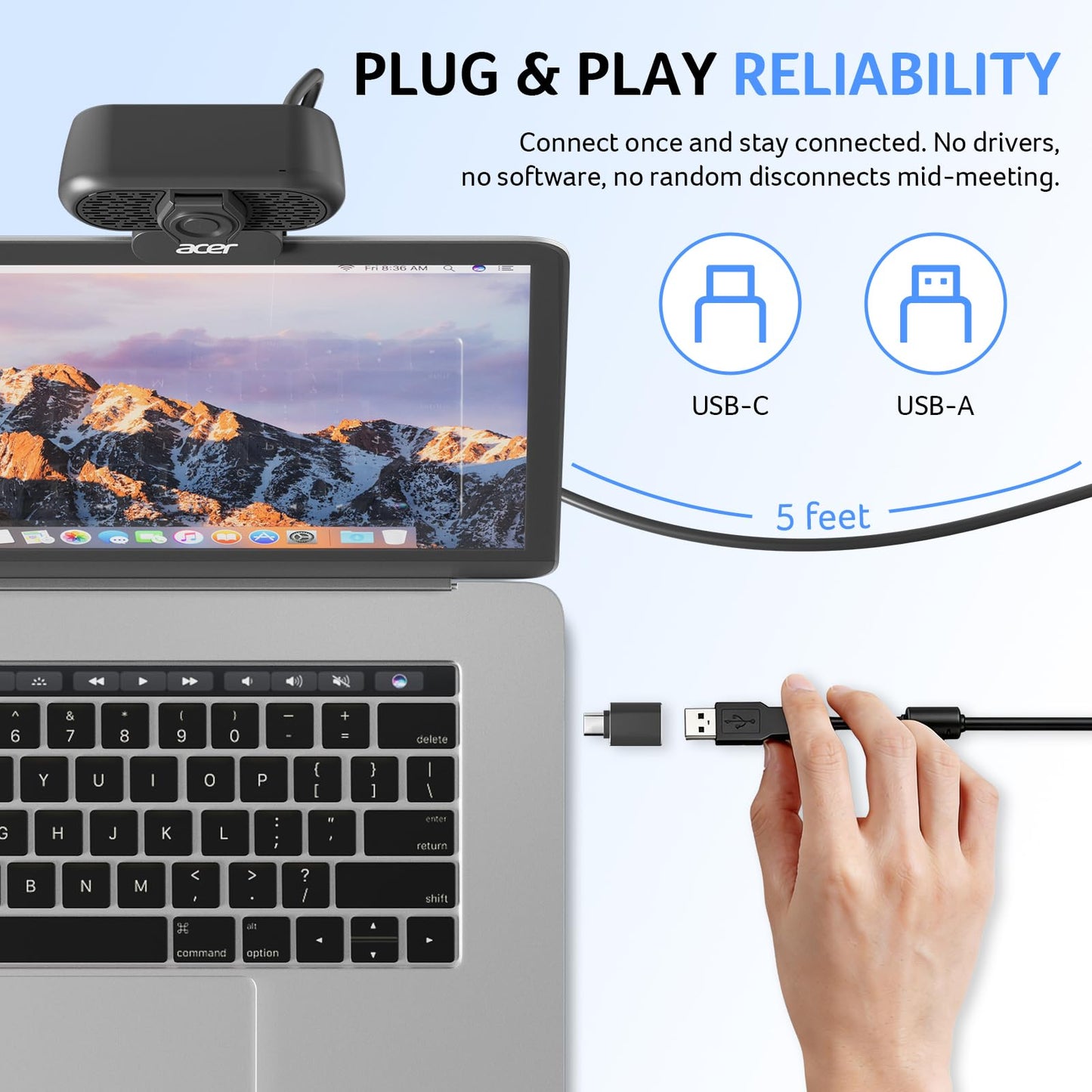 Acer 1080p Webcam USB Plug and Play Webcam for PC with Noise Cancellation Microphones Computer Camera for Desktop Streaming Gaming Online Meeting Wide Angle Privacy Cover A-to-C Adapter Easy Setup