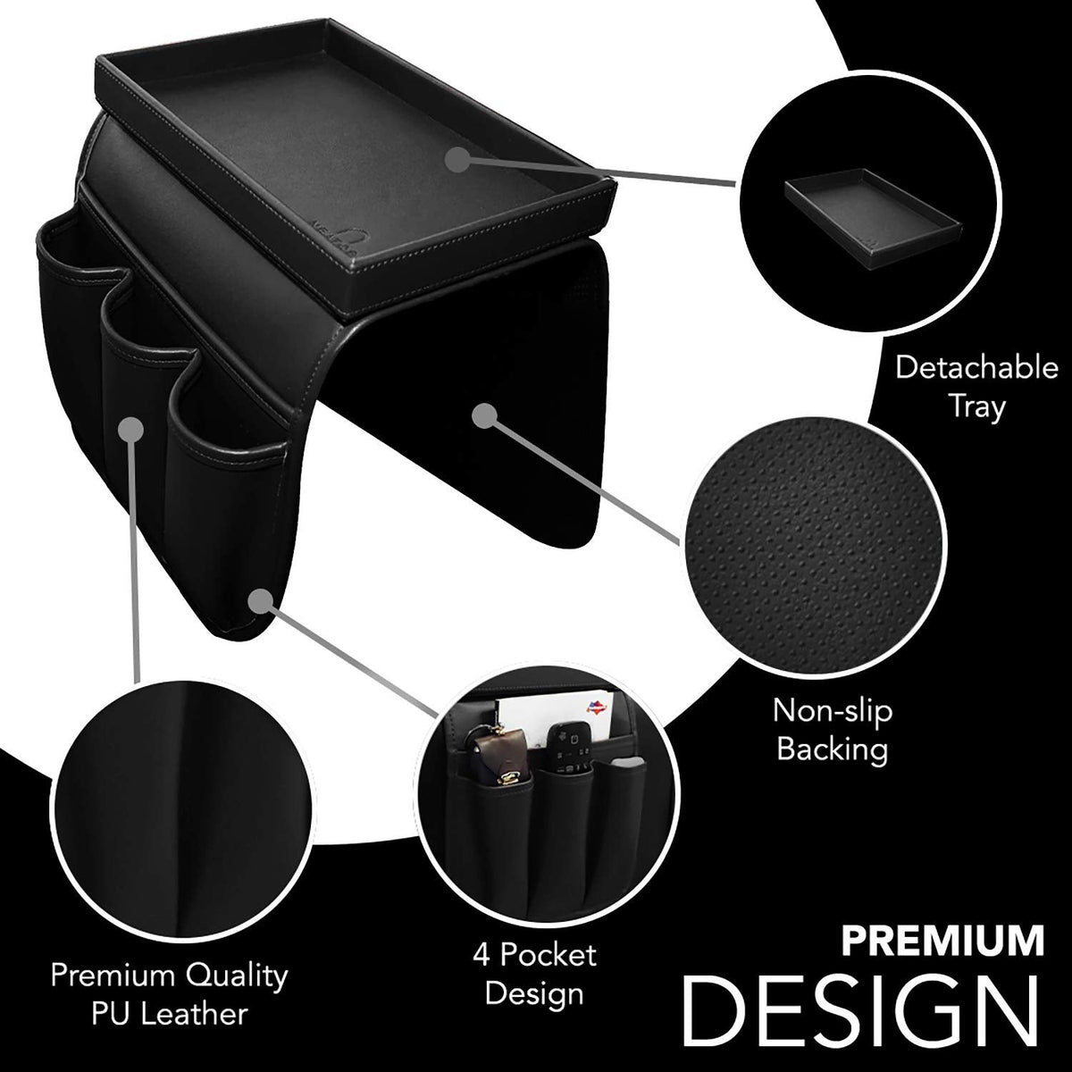 U NEATOPA Couch Remote Caddy Control Holder Sofa Organizer with Detachable Wooden Snack Tray for Recliner Mattresses Chair Armrests with 4 Slots - 1 Large Pockets and 3 Small Pockets (Black)
