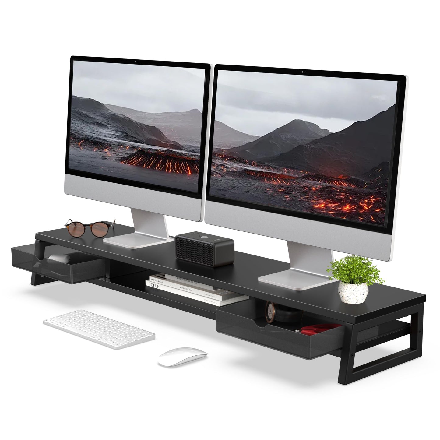 Fenge Dual Monitor Stand, Monitor Riser with Drawer, 42.5 Inch Large Computer Monitor Stand for 2 Monitors, 2 Tier Wooden Desk Shelf for Top of Desk