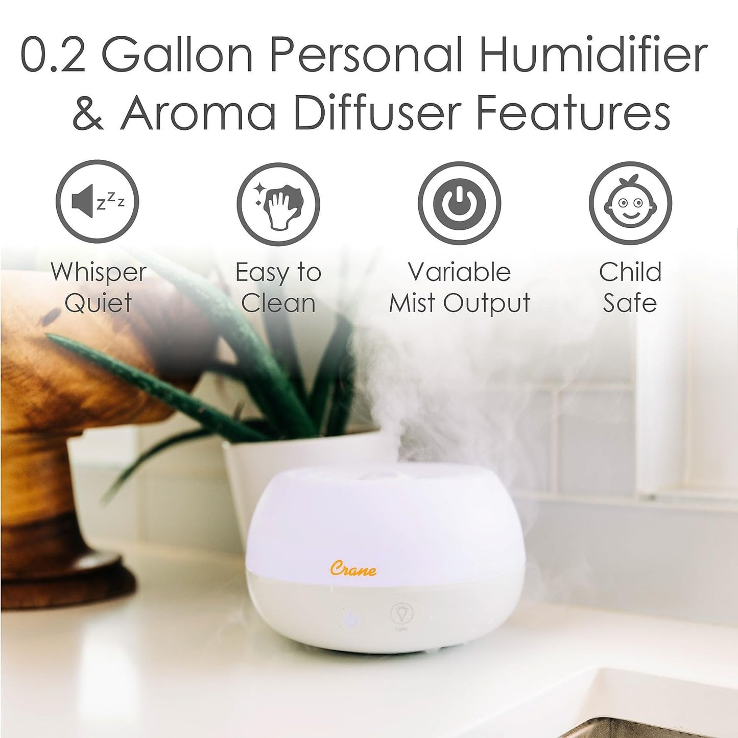 Crane Portable Ultrasonic Travel Humidifier & Aroma Diffuser – 0.2 Gallon Cool Mist, No Filter Required, Optional Essential Oil Tray, Whisper-Quiet for Babies, Travel, & Small Rooms (White)