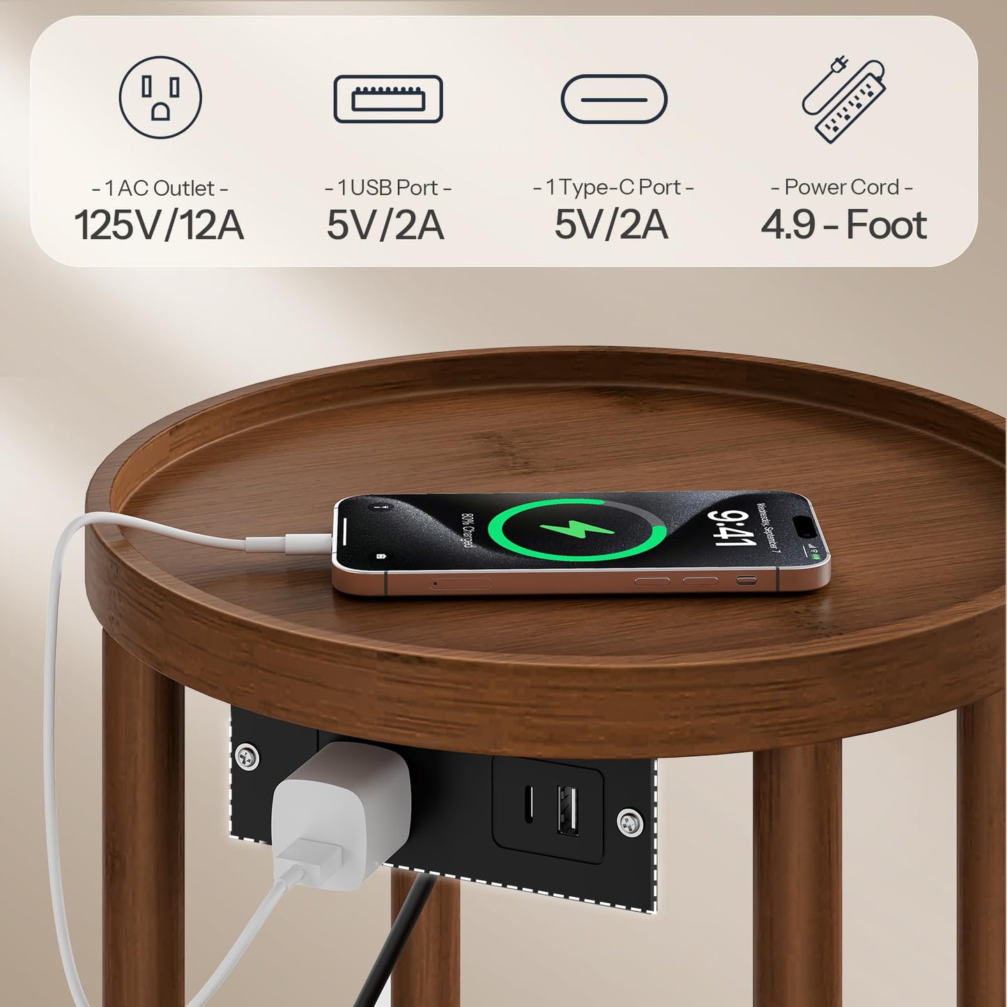 HOOBRO Small Round Side Table with Charging Station, 2-Tier Round Bamboo End Table, Compact Sofa Bedside Table for Small Space, Easy Assembly, for Living Room, Bedroom, Apartment, Mocha MA156UBZ01