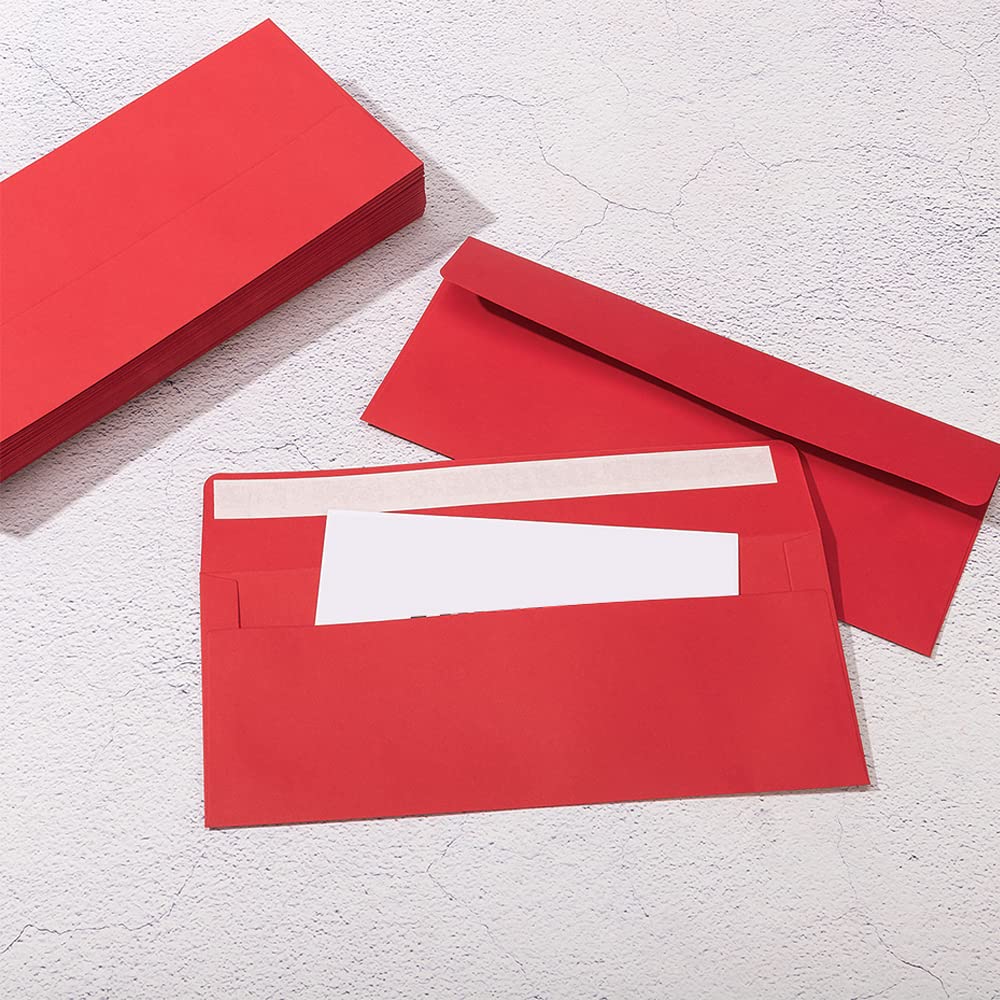 100 Pack Colorful #10 Business Envelopes Self Seal Standard Envelopes for Office Checks, Business, Letter Mailing Invoices, 4.13 x 9.49 Inches (Red)