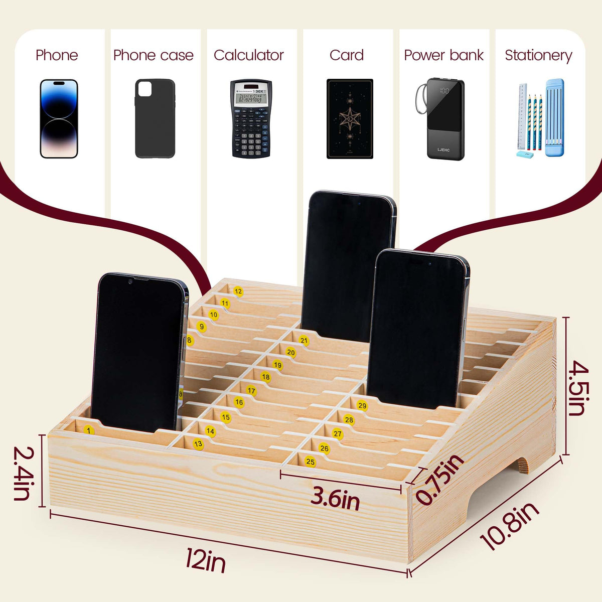 Classroom Cell Phone Holder, Fully Assembled 36 Grid Cellphone Storage Box for Student Management, Wooden Calculator Organizer Caddy for School Office