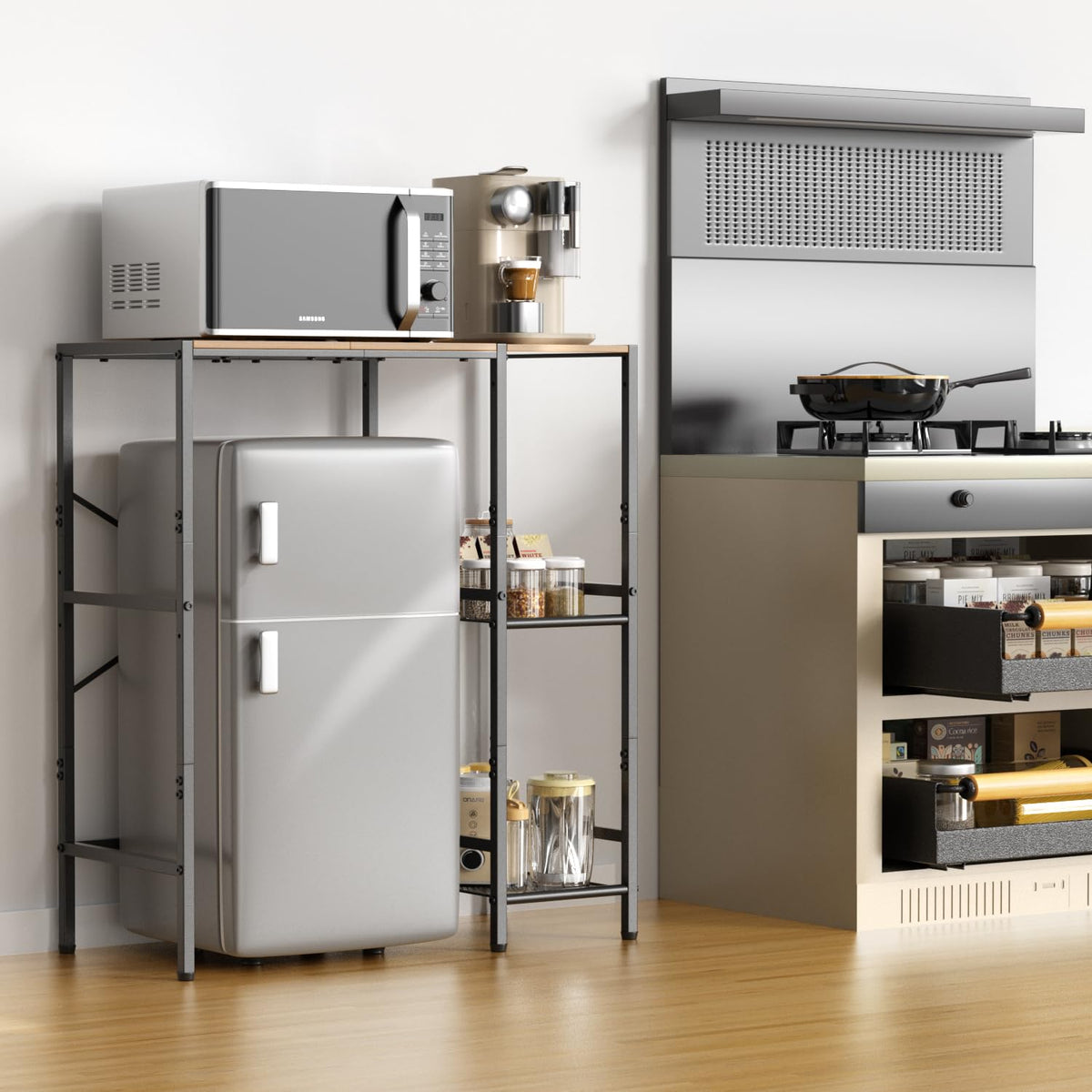 Mini Fridge Stand with Storage Shelves, Upgraded 3-Tier Mini Fridge Cabinet Stand Baker Rack for Microwave Coffee Maker Heavy Duty Metal Wood Desk For Dorm,Kitchen, Apartment, 33.4Wx15.7Dx37.2H, Brown