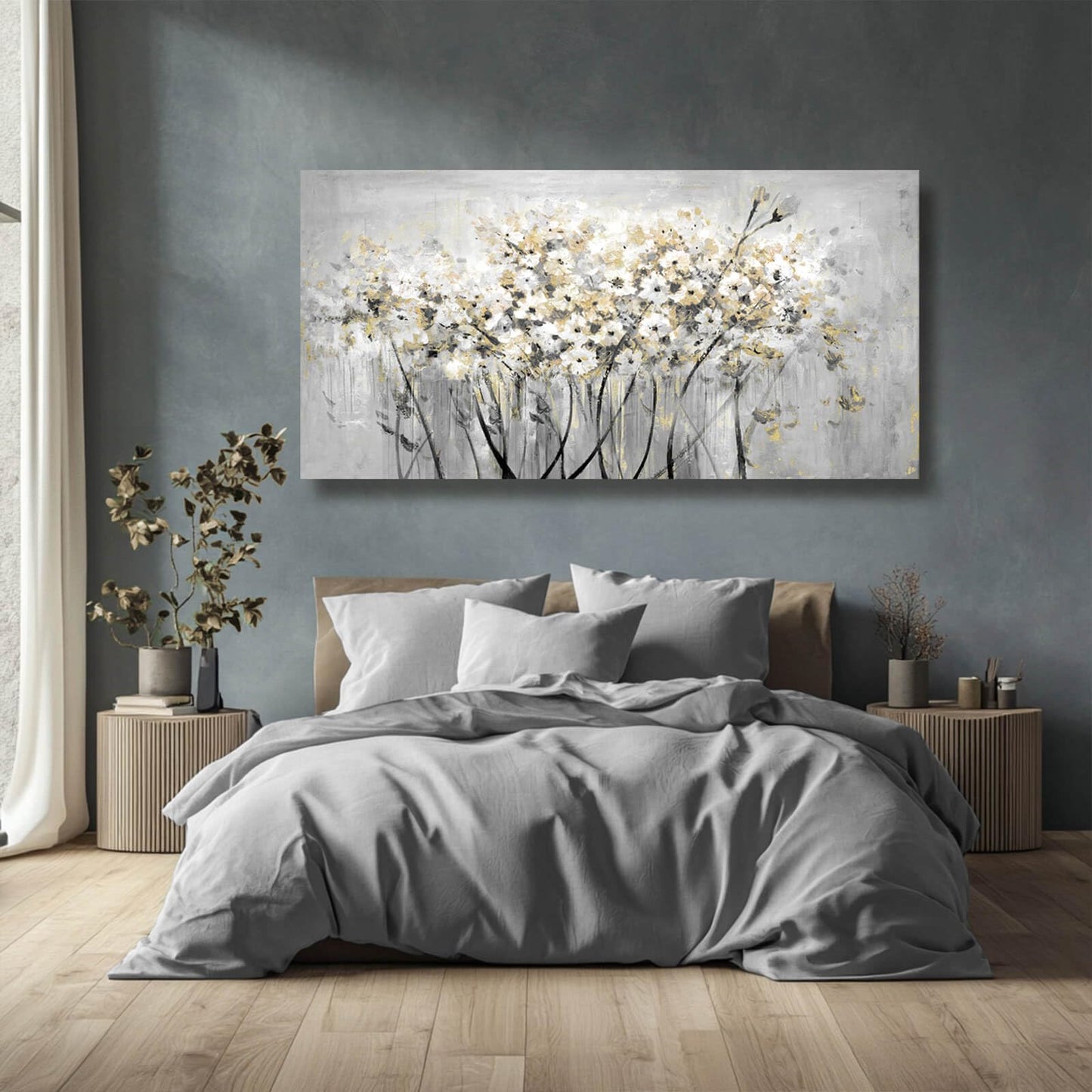 Flowers Canvas Wall Art White Paintings Grey Gold Contemporary Artwork Master Bedroom Wall Decor 29"x 58" Large Framed Art for Living Room Office Home Decor