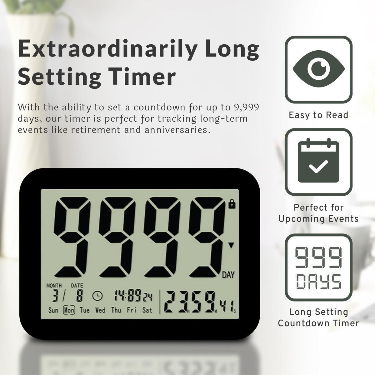 Countables 9999 Days Countdown Clock - Reusable Count Down Timer - Large Display LCD Digital Timer - Visual Countdown Clock and Calendar for Retirement, Wedding, Birthday, Holiday & More (Black)