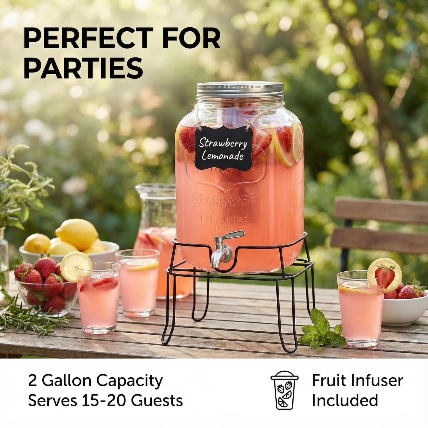 2 Gallon Glass Drink Dispenser,Beverage Dispenser with Stand,Lemonade Dispenser with 304 Stainless Steel Spigot Leakproof for Entertaining Guests, Picnic,Hosting Parties