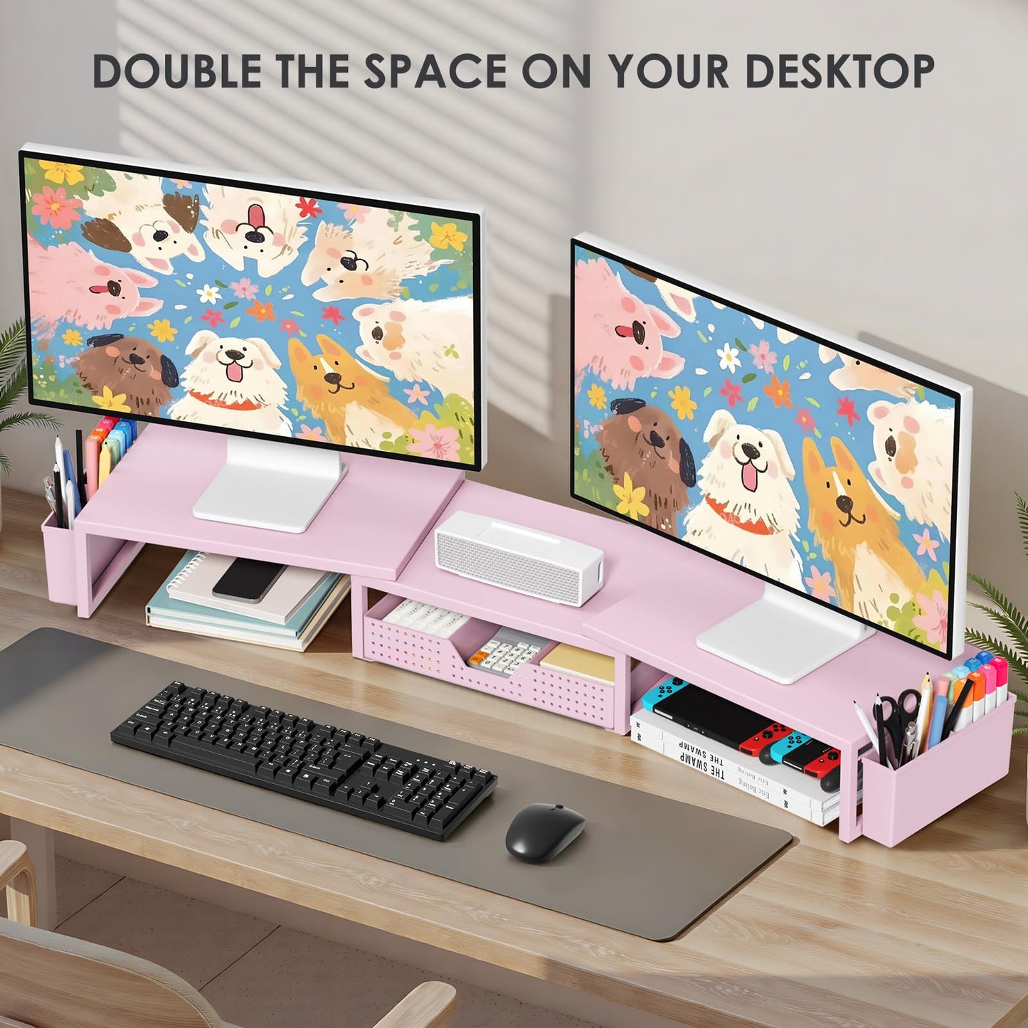 OPNICE Desk Organizers and Accessories, Dual Monitor Stand Riser with Drawer and 2 Pen Holders, Desk Shelf Metal Computer Racks for Office Workspace Organizers, Desktop Organization (Pink Metal)