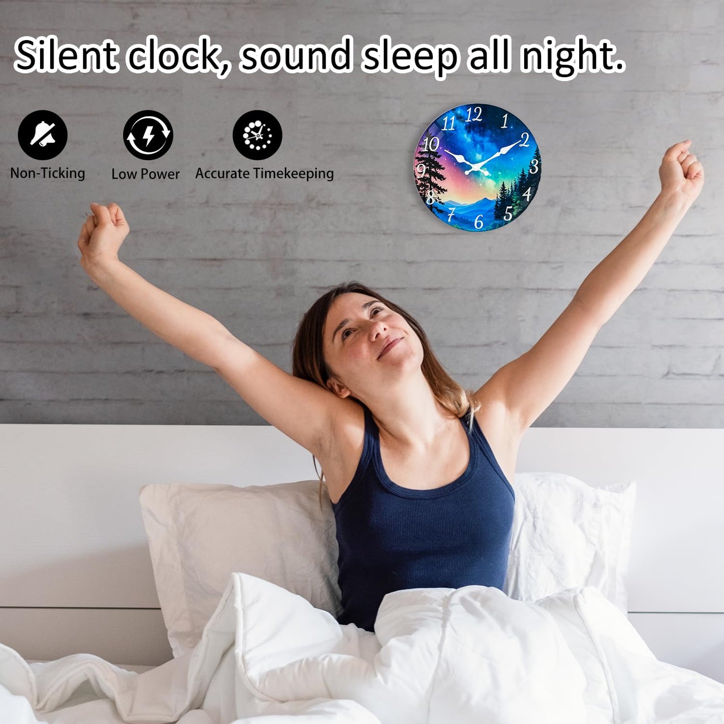 TGHHPC 12 Inch Wall Clocks Battery Operated - Premium Glass Silent Wall Clock, Unique Aurora Non Ticking Decorative Analog Clock for Bedroom Living Room Office Kitchen Gym Hotel Classroom Farmhouse