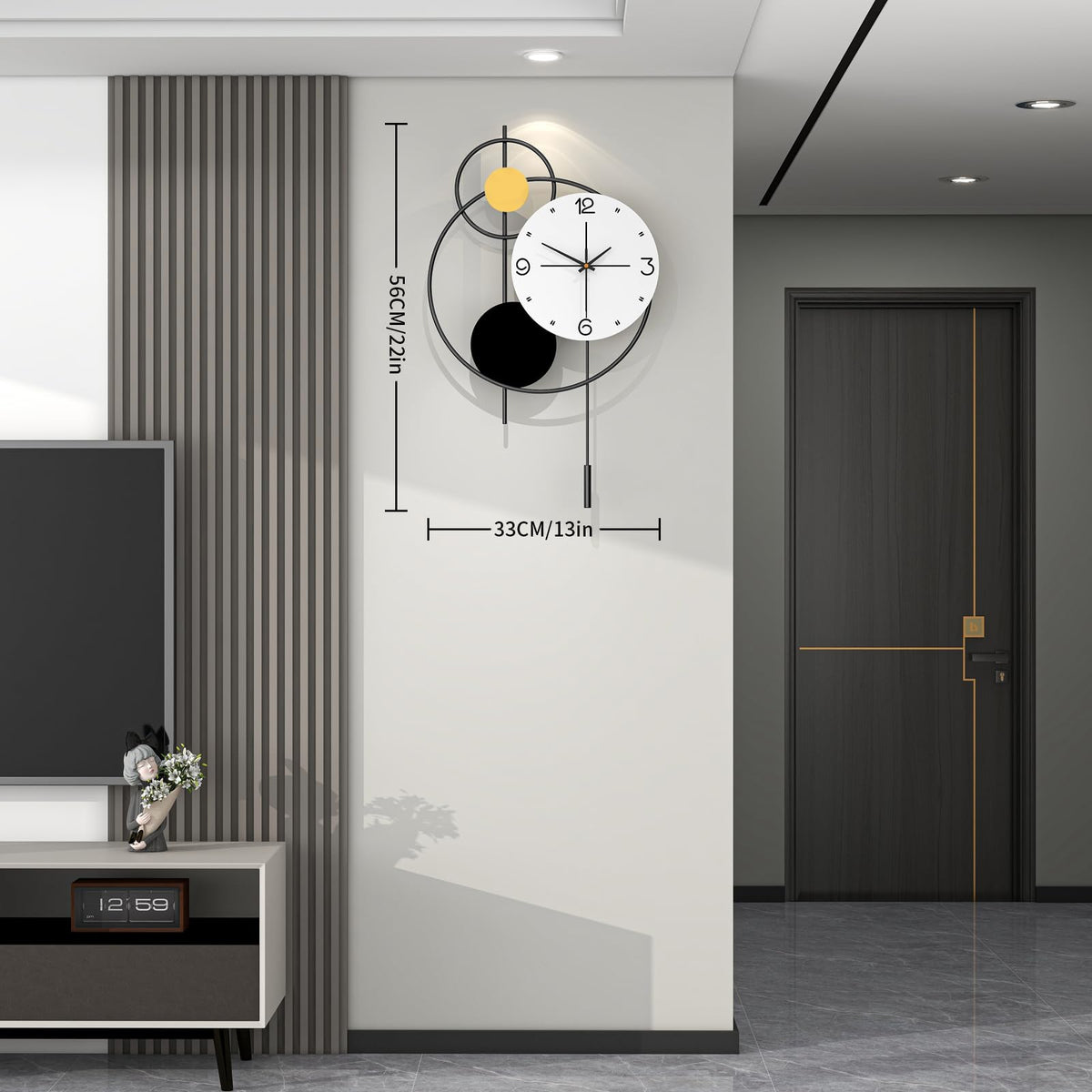 JUJUDA Large Wall Clock for Living Room Decor, Modern Decorative Metal Wall Clock with Pendulum for Bedroom Kitchen Office Decor, 13 Inch Big Silent Quartz Black Clock Battery Operated Non Ticking