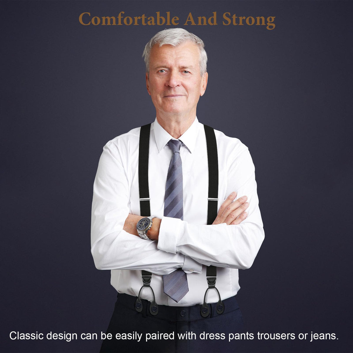 Button Suspenders for Men Y-Back 1.4 Inches Wide Leather Button End Elastic Adjustable Suspenders for Men Tuxedo Black Braces