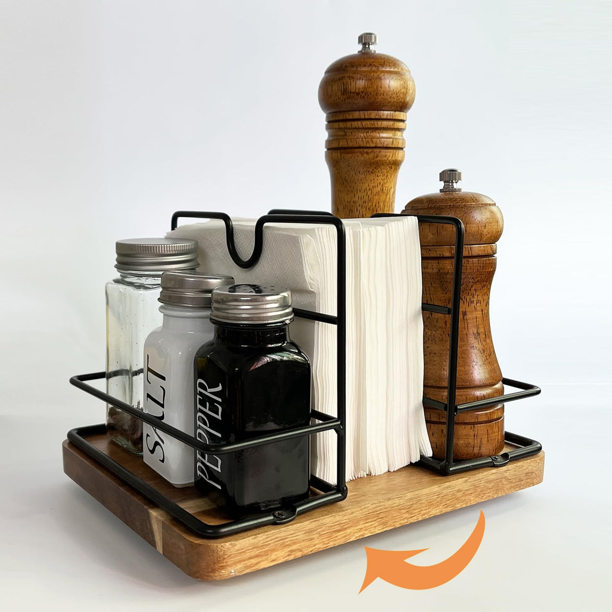 Napkin Holders for Kitchen Table, Rotating Wood Vertical Napkin Dispenser That Can Hold Salt and Pepper, Rustic Napkin Holder for Kitchen Dining Table Decor Brow Acacia