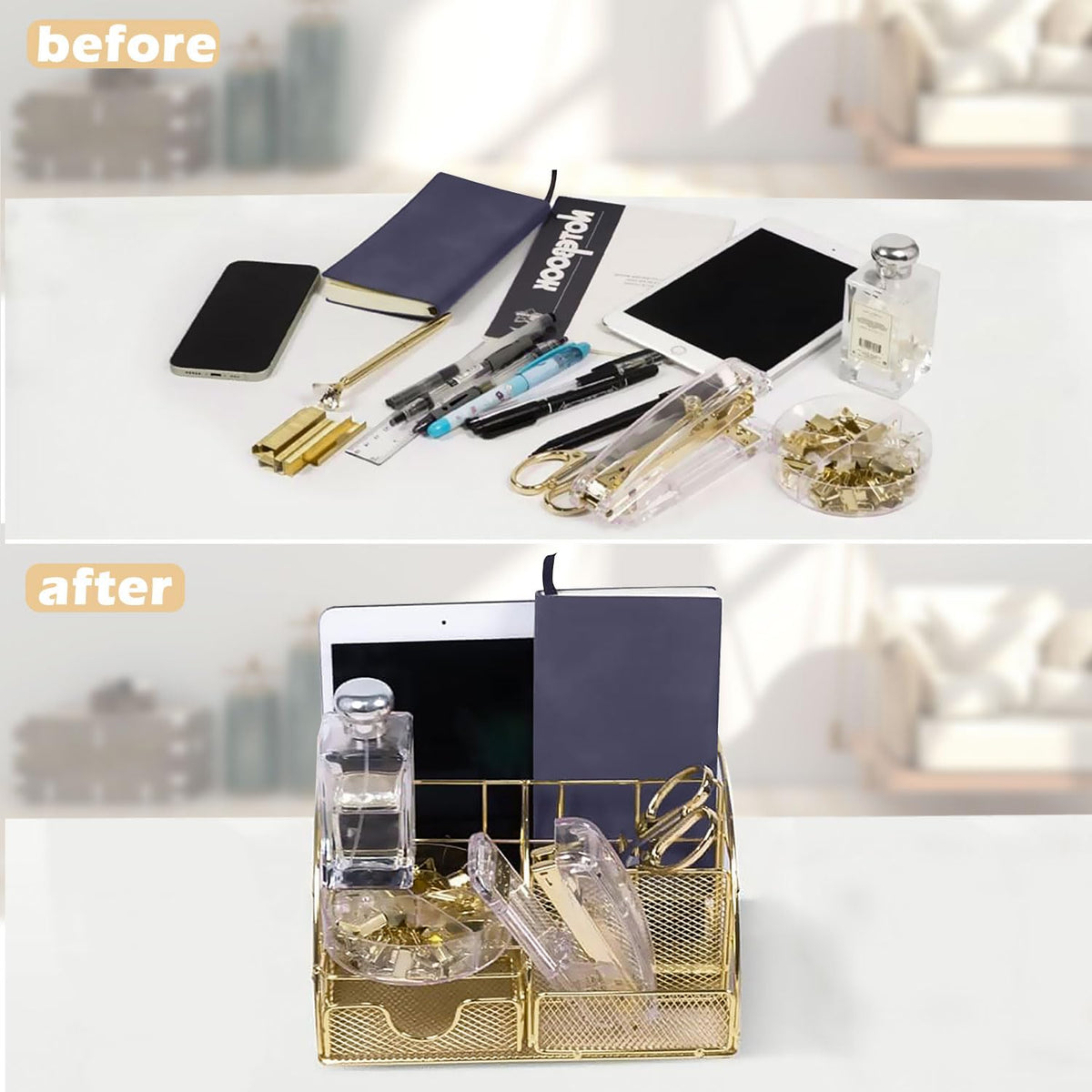 YOLOZAI Office Desk Organizers, Gold 13PCS Office Supplies and Accessories Desk organizer, Acrylic Stapler, Staple Remover, Clips, Scissor, Phone Holder, Pen, Pen Holder
