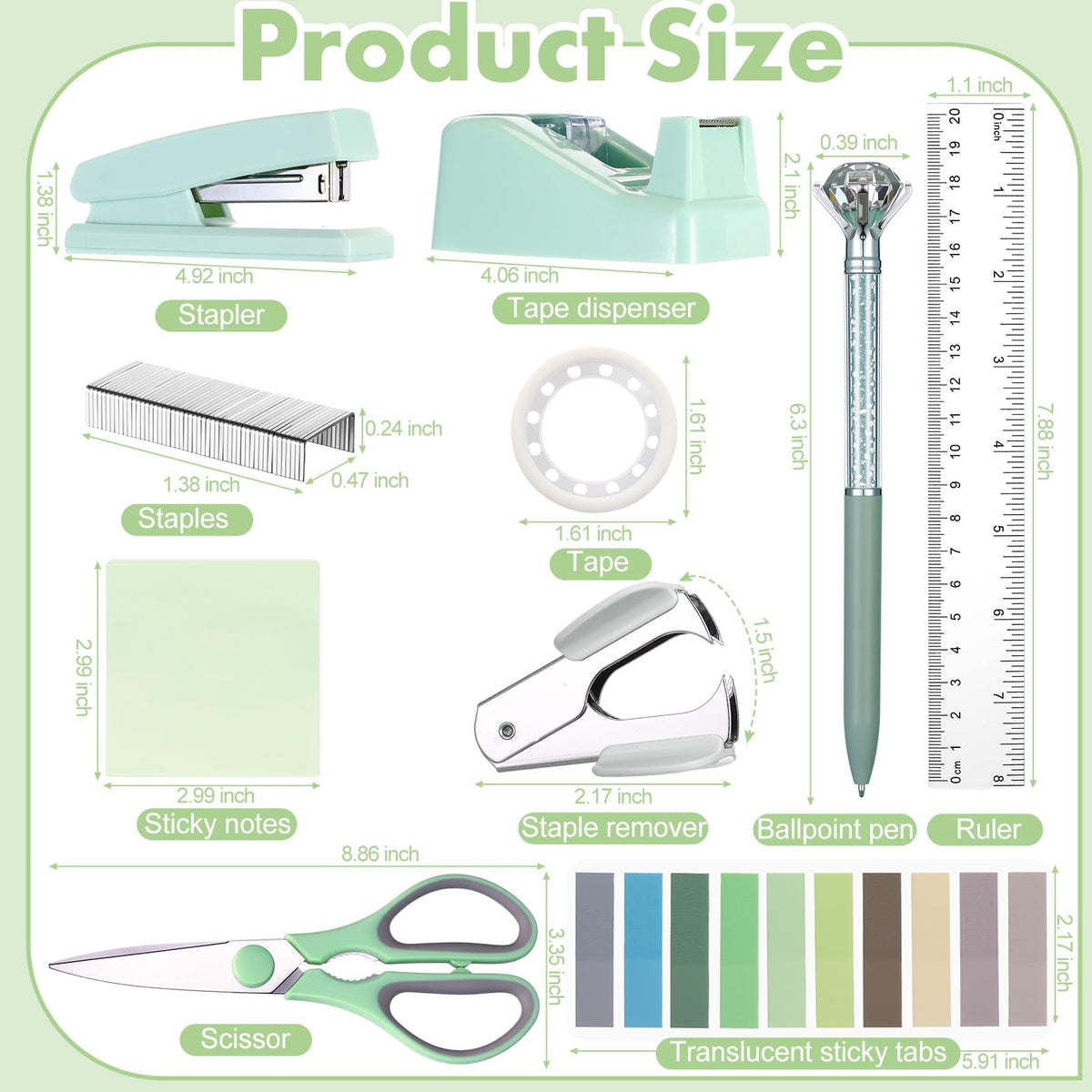 Marspark Sage Green Office Desk Accessories 12 Pcs Office Supplies Set 360° Rotating Pen Holder, Stapler, Tape Dispenser, Scissor, Sticky Notes, Binder Clips, Desk Organizers Gift for Home School