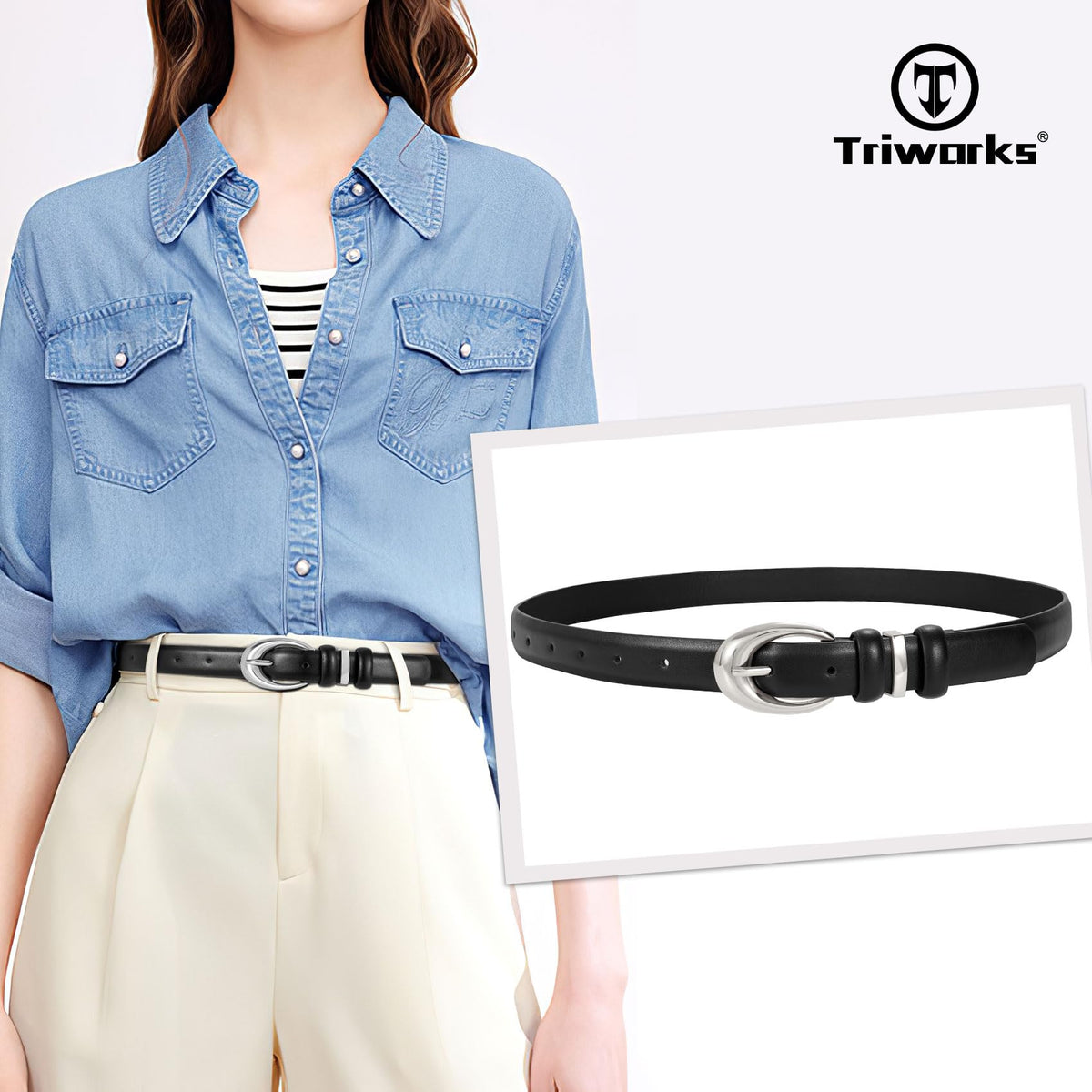 TRIWORKS 3 Pack Women Leather Belt for Jeans Pants Fashion Ladies Faux Leather Belt with Silver Buckle