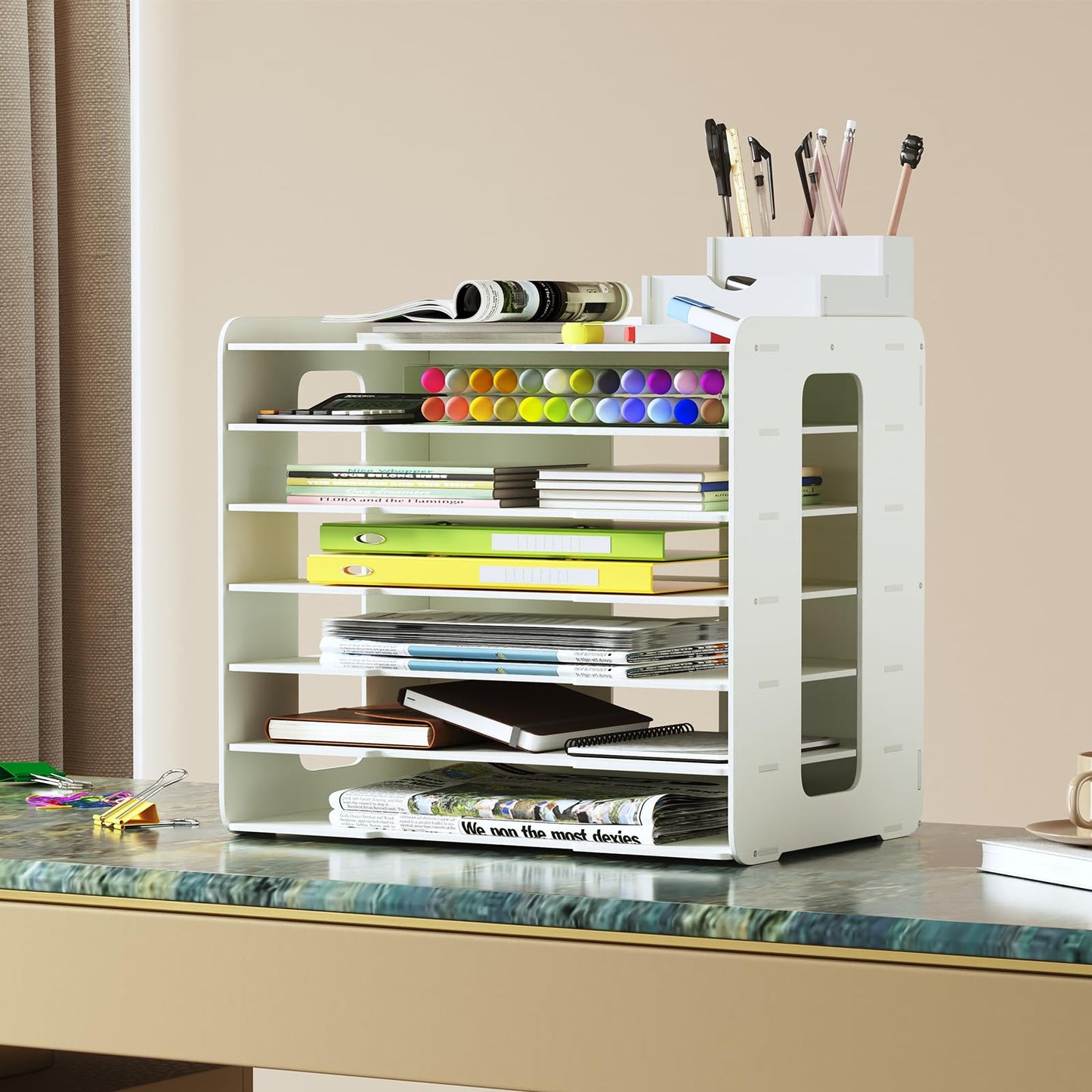 bimiti A3 Construction Paper Storage Organizer, PVC 11X17 Scrapbook Paper Organizer for Desk Space-Saving Paper Shelf Rack File Document Holder Mail Sorter Letter Tray for Classroom Home Office