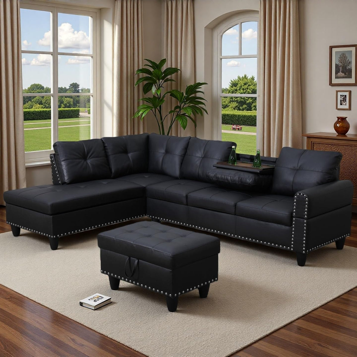 Topcomfy 97.5" L Shaped Couch Set, Modular Sectional Couches for Living Room with Storage Ottoman, 4 Seat Home Sofa Living Room Furniture Sets with Chaise for Apartment Office (Leather, Black)