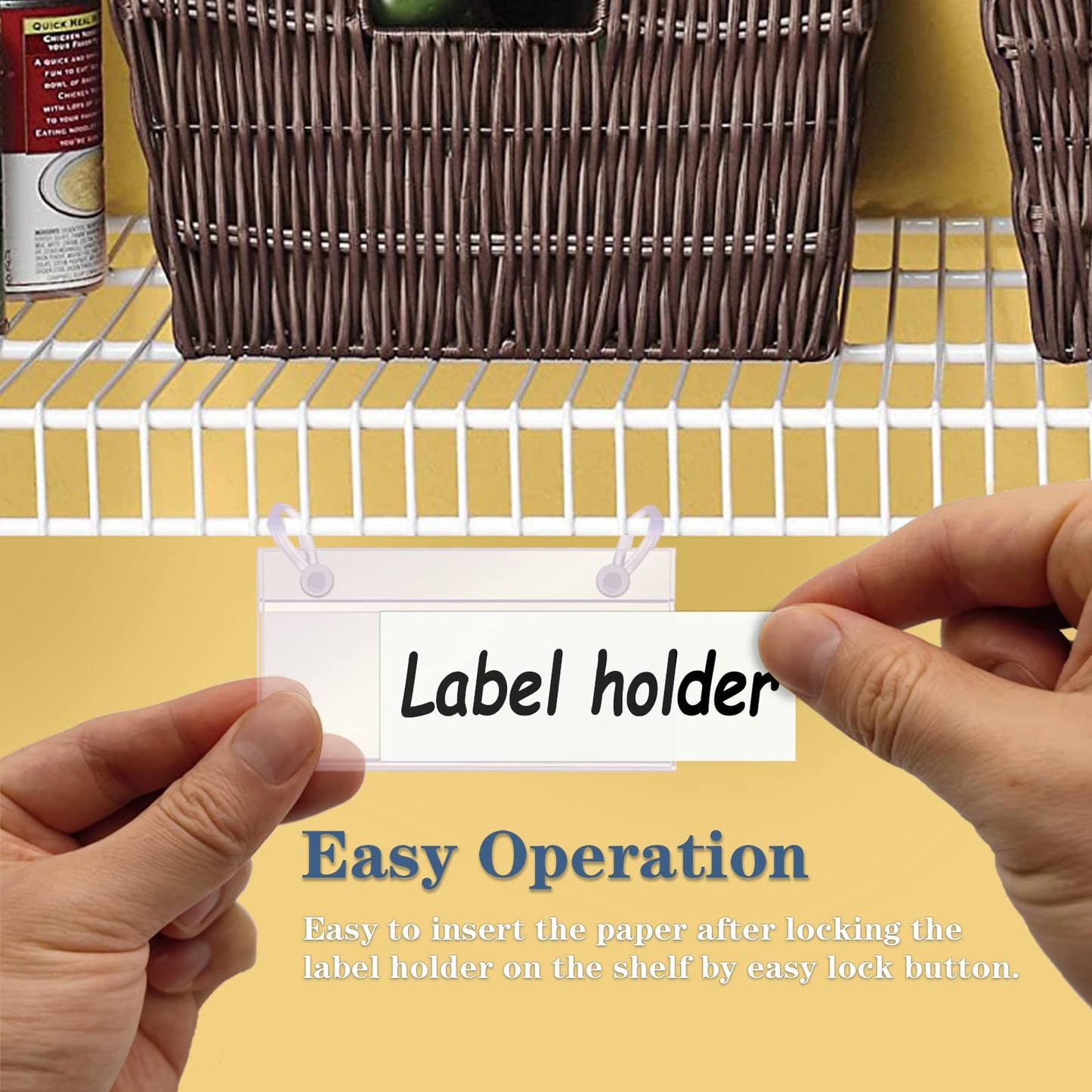 ELEMGULY Basket Label Holders, 40PCS Plastic Basket Label Clips with Easy Button Lock Design, Wire Shelf Label Holder Wire Rack Display Holder Price Sign for Home Market (40pcs Label Paper Included)