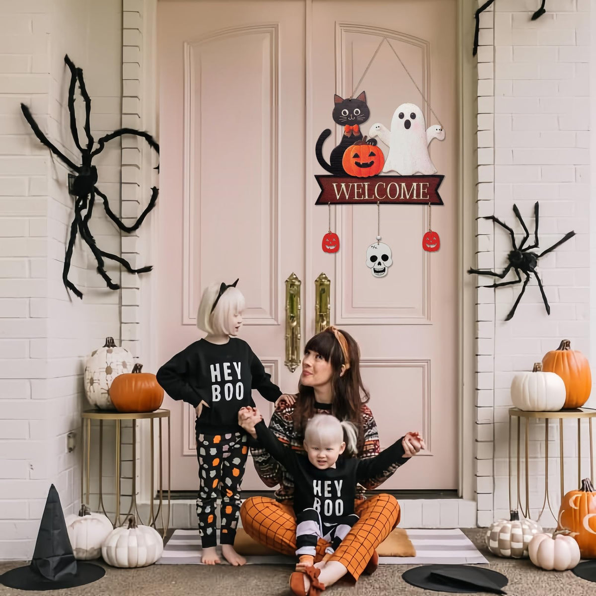 Halloween Welcome Sign Hanging Wood Decor - Spooky Ghost, Black Cat, Pumpkin & Skull for Front Door Wall Decorations with 3 Pendant (Pumpkin, Skull, Pumpkin), Indoor Outdoor Fall Party Supplies