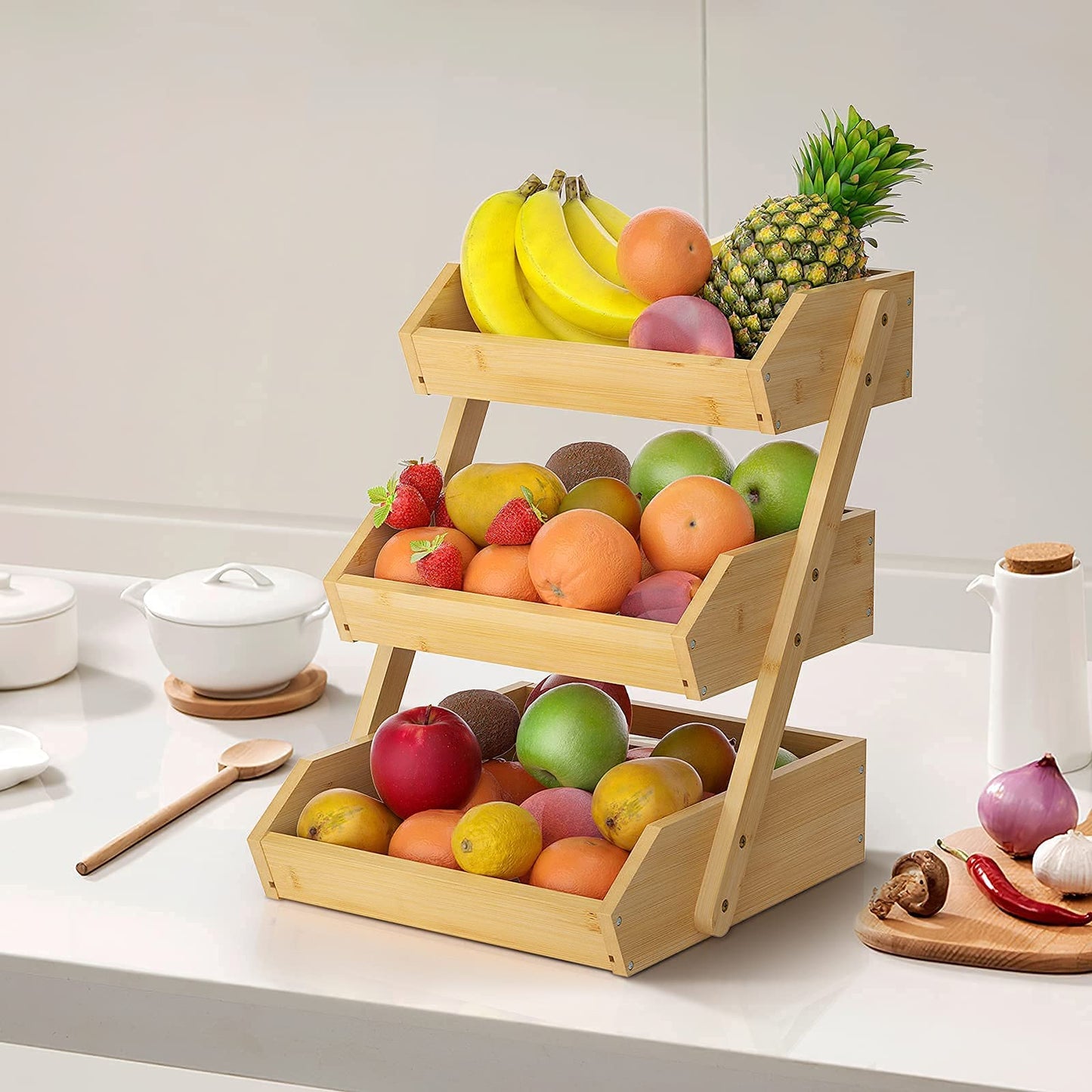 Merysen Large 3 Tier Bamboo Fruit Basket Stand for Kitchen Countertop – Fruit Holder – Suitable for Bread, Vegetables, Produce, Home Storage and Display