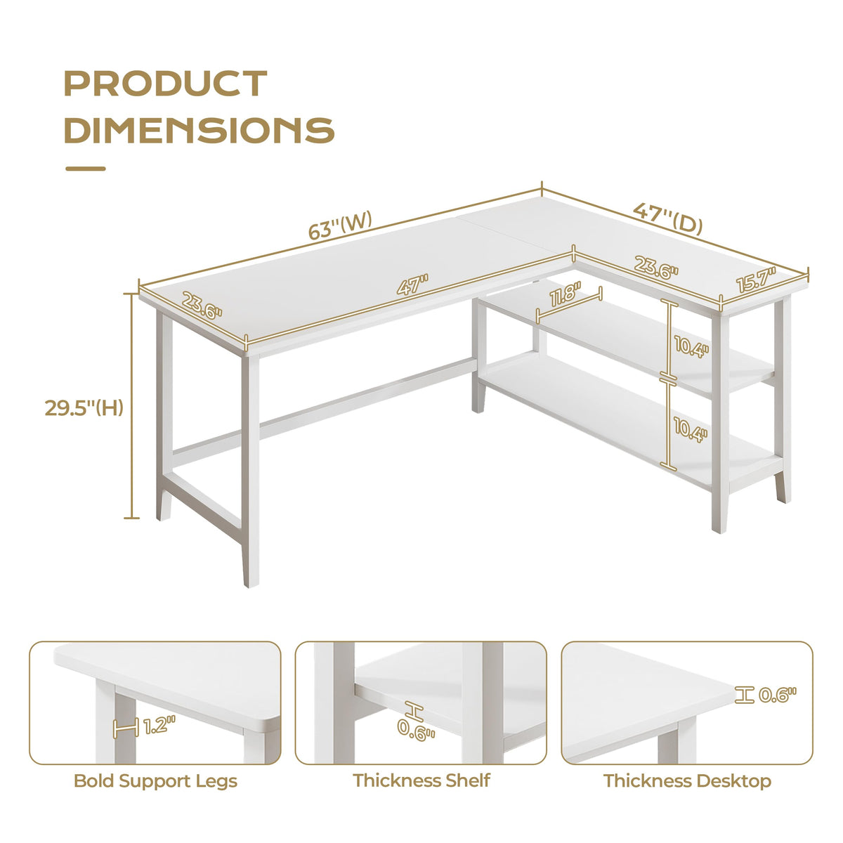 IOTXY Reversible L-Shaped Office Desk - 63" Extra Large Corner Computer Table with Storage Shelves, Solid Wood Legs, Home Writing & Study Workstation, White
