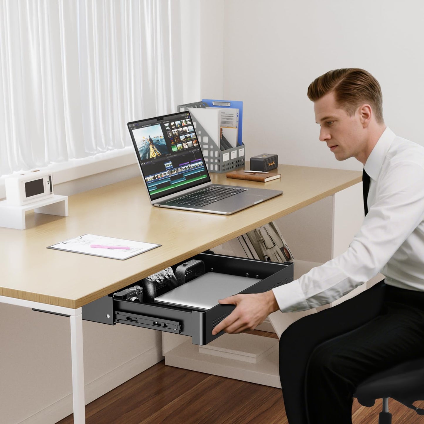PUTORSEN Under Desk Storage Drawer 15.7" Wide - Smooth Slide Out Organizer for Standing Desk & Home Office,Max Load 17.6 lbs,Quiet Glide, Black