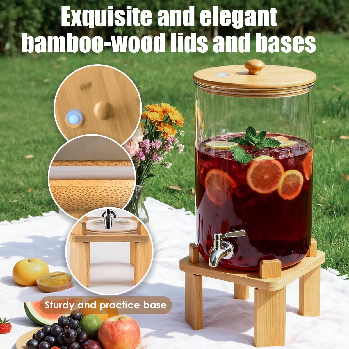 2.3 Gallon Large Glass Drink Dispenser for Parties, Glass Beverage Dispenser with Wood Stand, Juice & Lemonade Dispenser, Iced Beverage Dispenser with Spigot, Water Dispenser for Party with lid