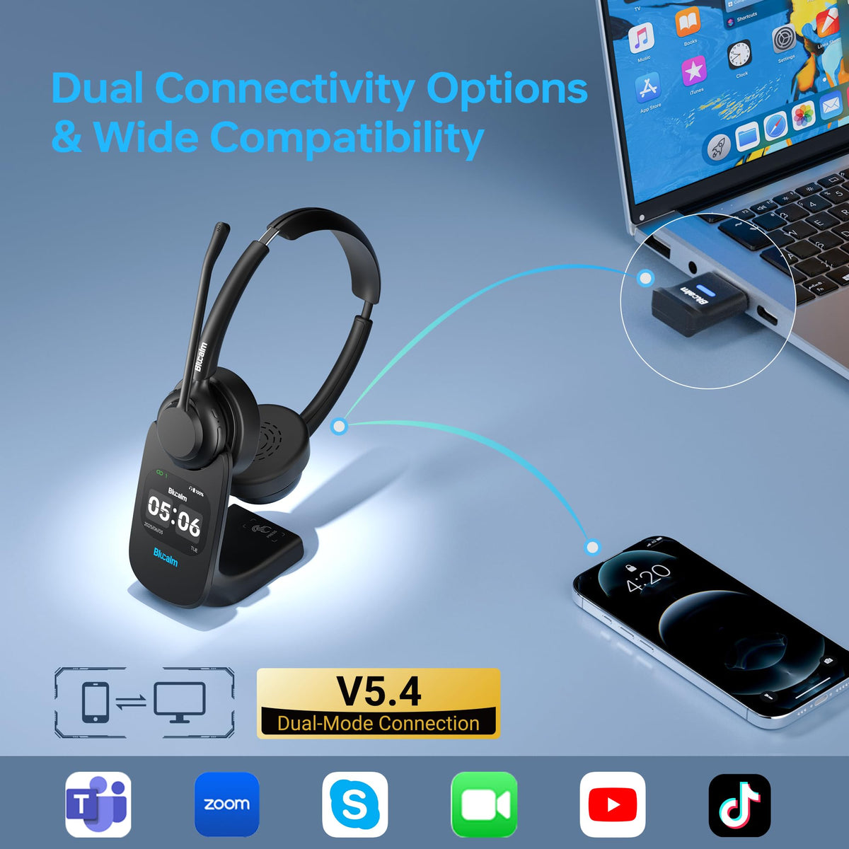 Blucalm Wireless Headset with Mic for Work - V5.4 Headset with Noise Canceling, PC Headphones with Mic Mute & USB Dongle, Smart Dock with Touch Screen for Work from Home, Teams, Zoom