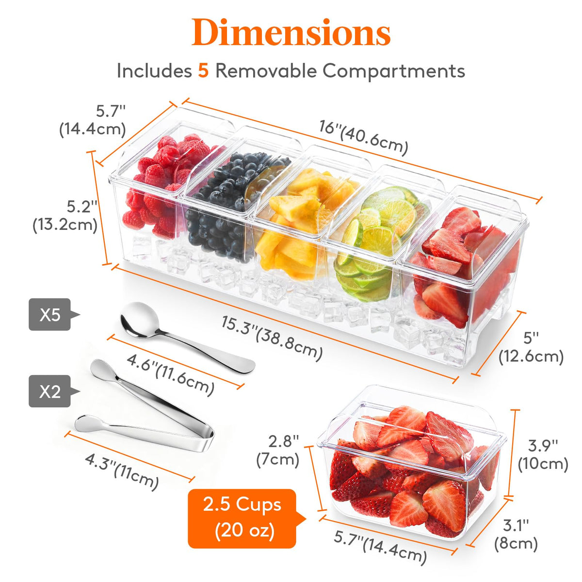 Lifewit Ice Chilled Condiment Caddy with 5x 20 oz Containers, Condiment Server with Lid & Metal Accessories, Serving Tray Platter with Removable Dishes for Bar, Fruit, Salad, Taco, Party Garnish