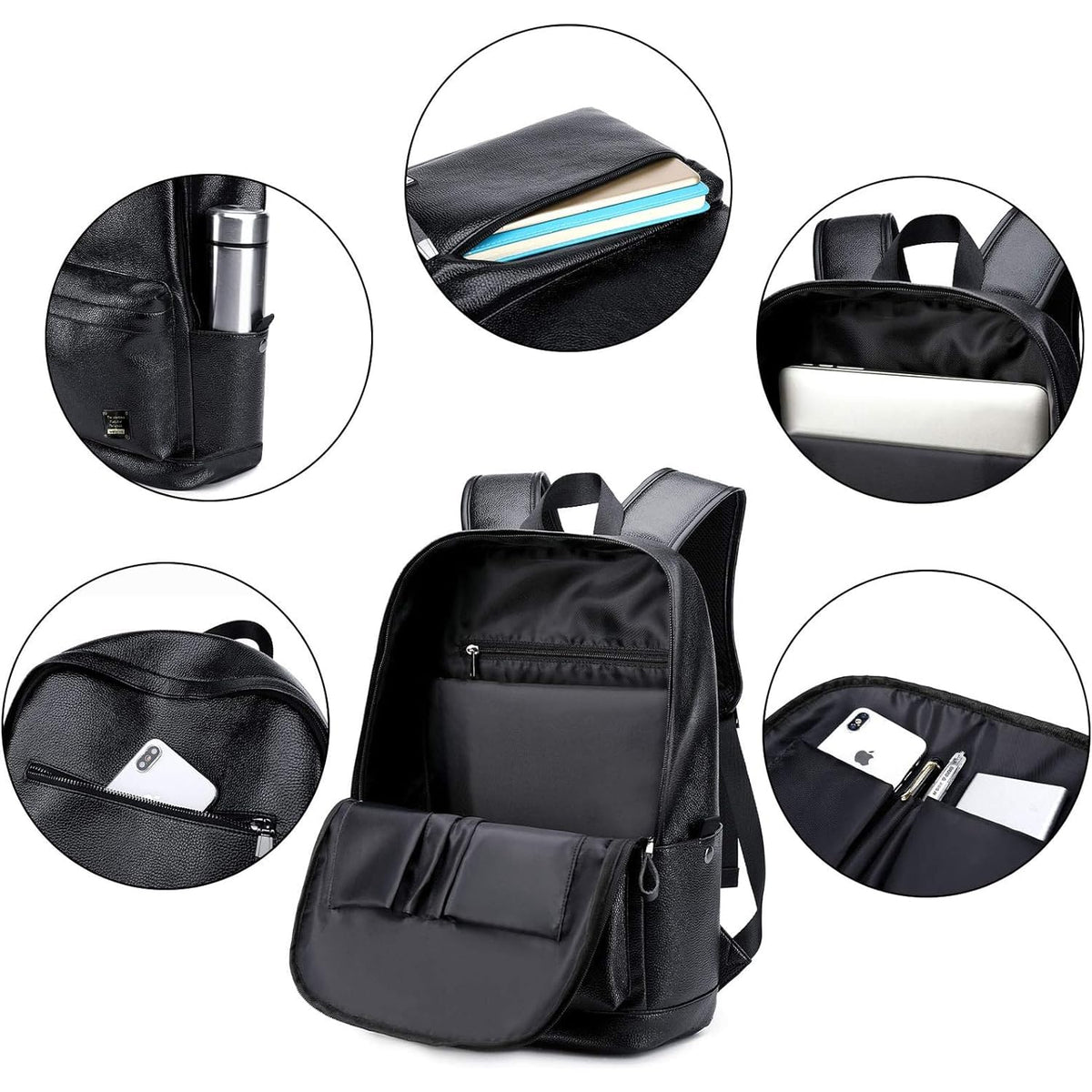 weiatas Black Leather Laptop Backpack for Men Women Work Travel, College School Backpack Casual Daypack fits 15.6 Inch