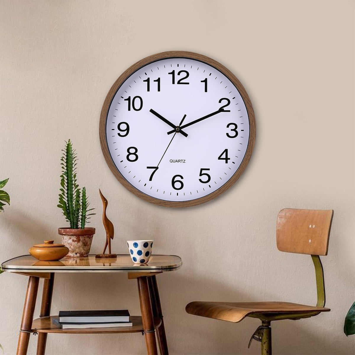 TOHOOYO Wall Clock 12 Inch Wooden Frame Glass Cover Non-Ticking Number Quartz Modern Quartz Design Decorative Bedroom Kitchen Office Classroom Dark Brown