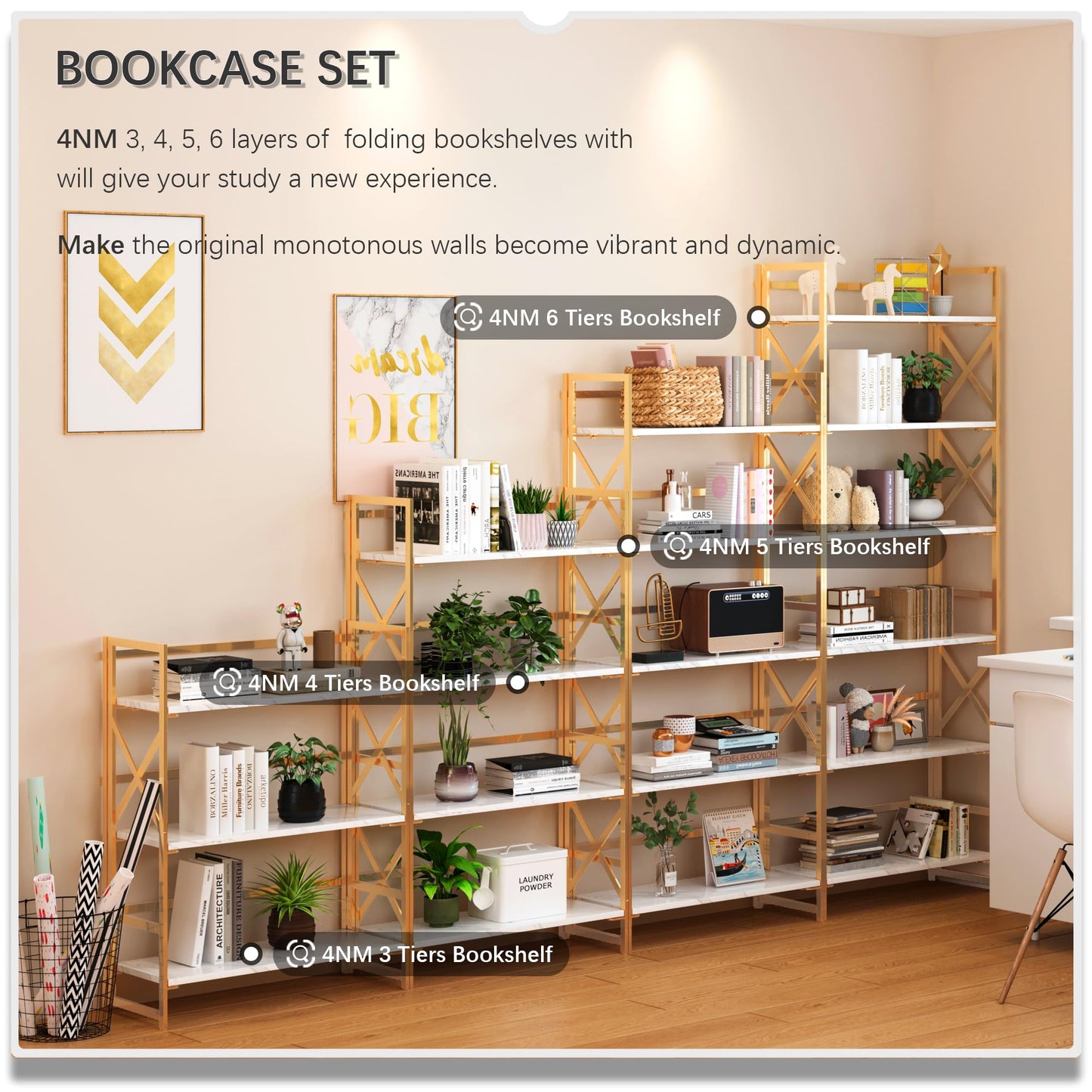 4NM 5 Tiers No Assembly Book Shelves, 51.2" H Folding Bookshelf Bookcase Open Industrial Foldable Shelves for Bedroom, Living Room, Home Office - White Gold