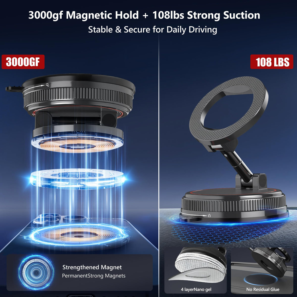 NotiXas Car Phone Holder Mount, 108LBS Vacuum Suction for MagSafe Car Mount, 3000gf Magnetic 360° Adjustable Carbon Fiber Phone Holders for Your Car for iPhone 17 Pro Ma/17/16/15/14/13/12, Desk & Gym